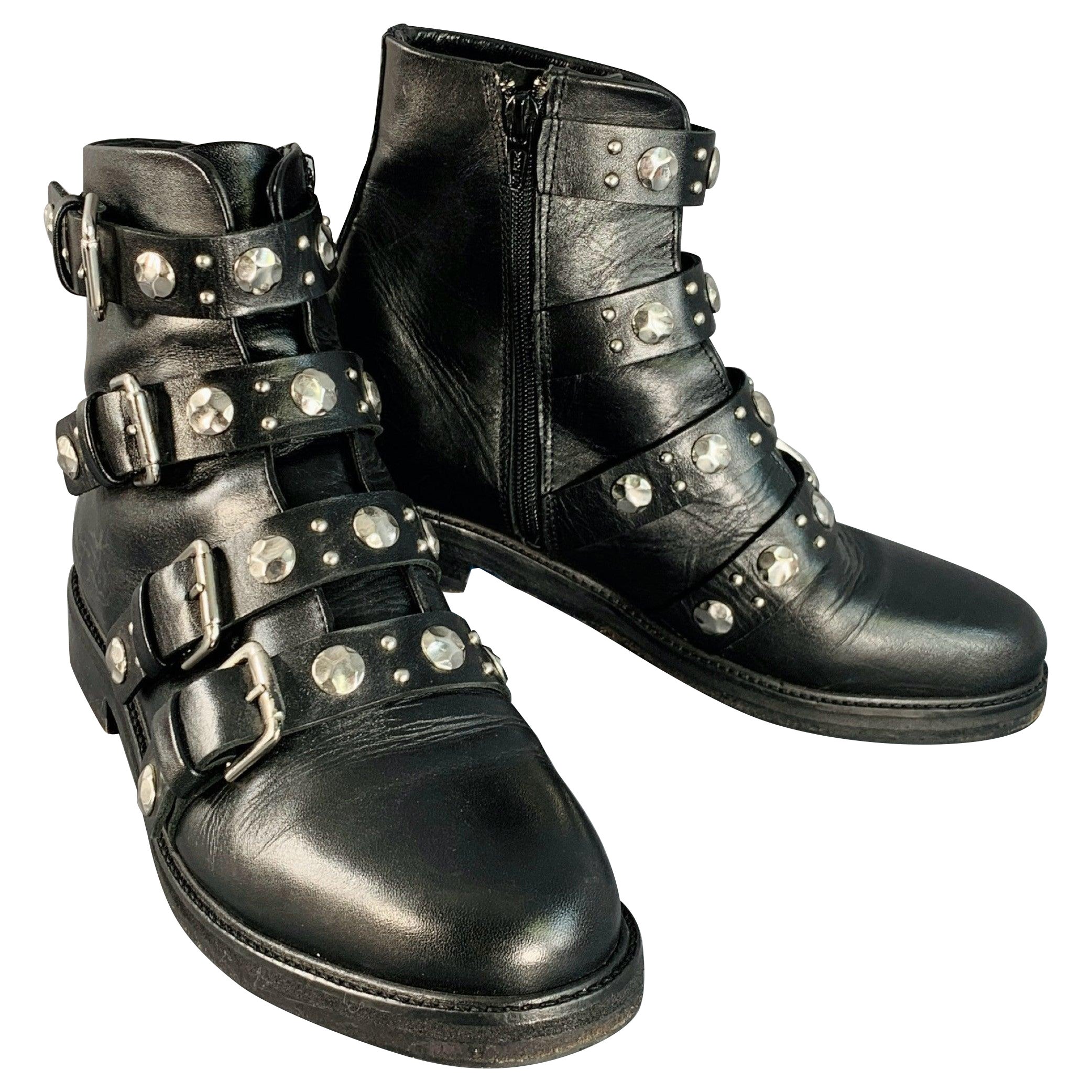 MAJE Taille 9 Bottes de cheville militaires en cuir noir clouté avec fermeture à glissière latérale