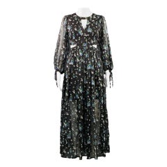 MAJE Size S Black Green Blue Chiffon Floral Cutout Midi Dress