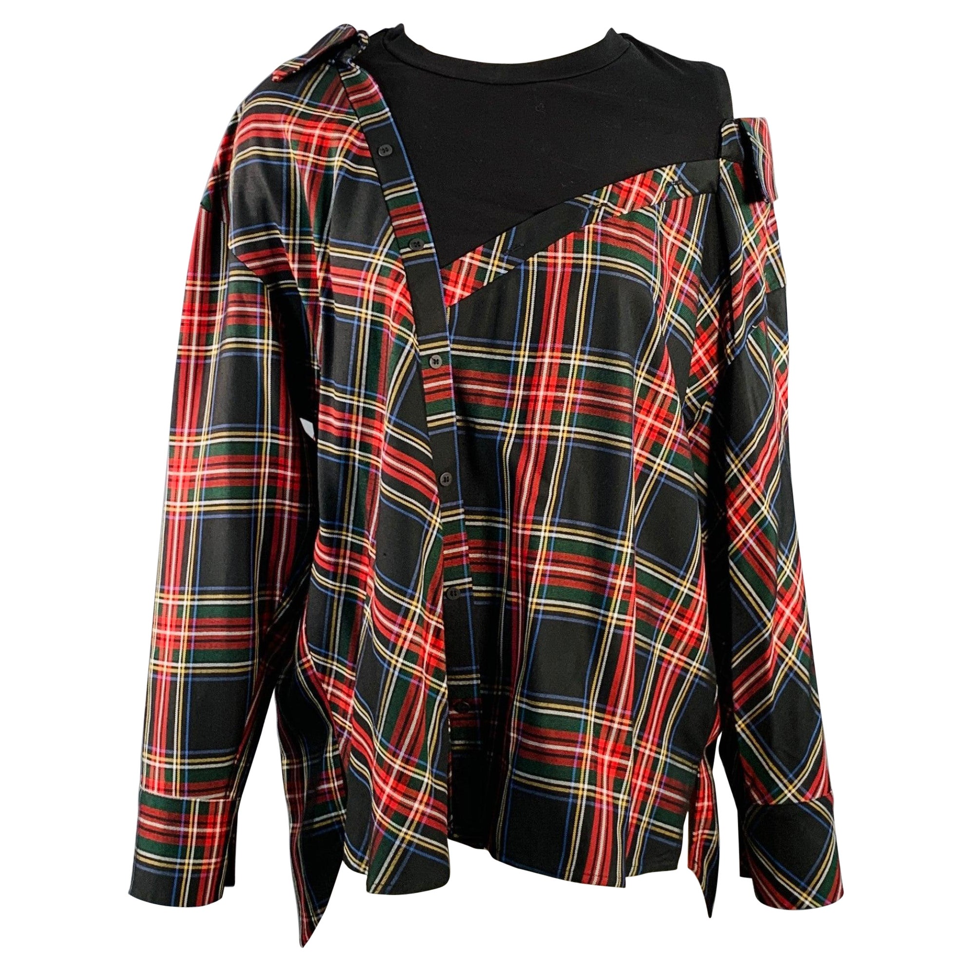 MAJE Size S Black Multi Color Acetate Blend Plaid Asymmetrical Casual Top For Sale