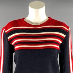 MAJE Size S Navy Red Wool Blend Stripe Crew-Neck Sweater