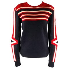 MAJE Size S Navy Red Wool Blend Stripe Crew-Neck Sweater
