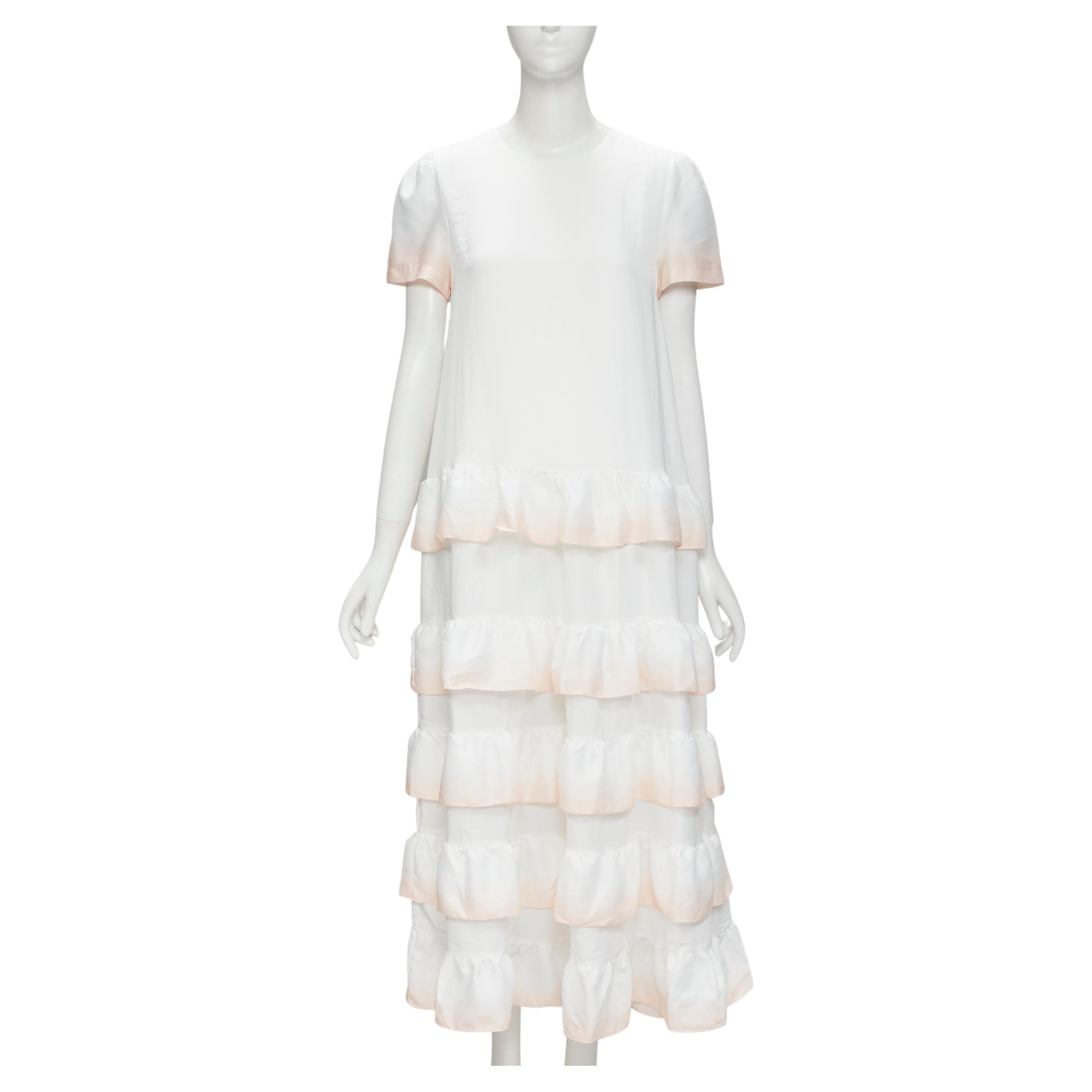 MAJE white pink dip dye ruffle petal tiered midi dress FR38 M For Sale