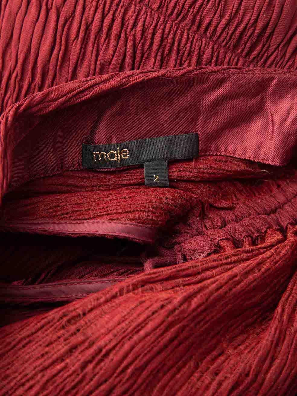 Maje Women's Burgundy Textured V Neck Mini Dress In Good Condition In London, GB