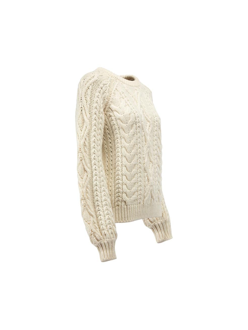 CONDITION is Never worn, with tags. No visible wear to jumper is evident on this new Maje designer resale item. 
 
 Details
  Cream
 Wool
 Long sleeves jumper
 Cable knit
 Round neckline
 
 
 Made in Tunisia
 
 Composition
 52% Acrylic and 48% Wool
