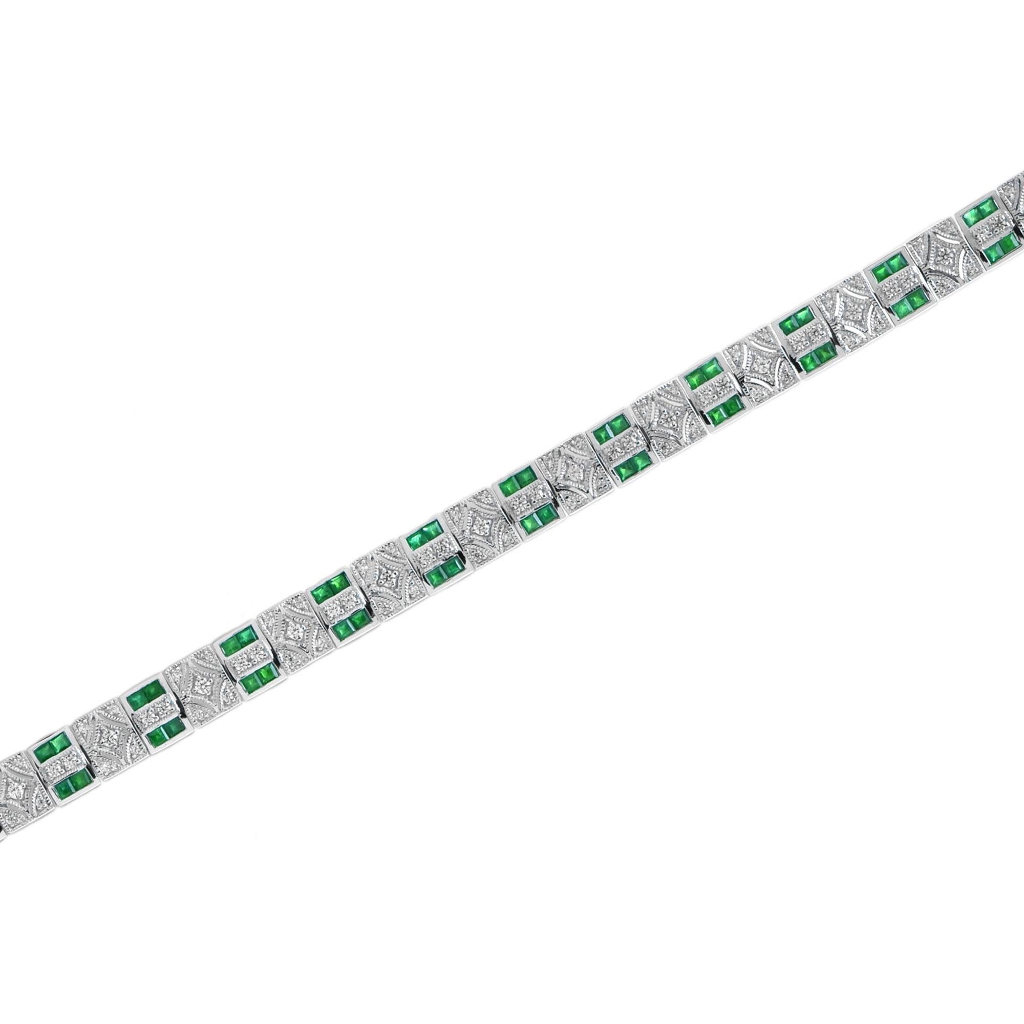 This art deco bar link bracelet is the epitome of vintage-inspired elegance featuring mesmerizing geometric patterns feature with emeralds and diamonds.

Bracelet Information
Metal: 18K White Gold
Width: 8 mm.
Length: 195 mm.
Weight: 20.00 g.