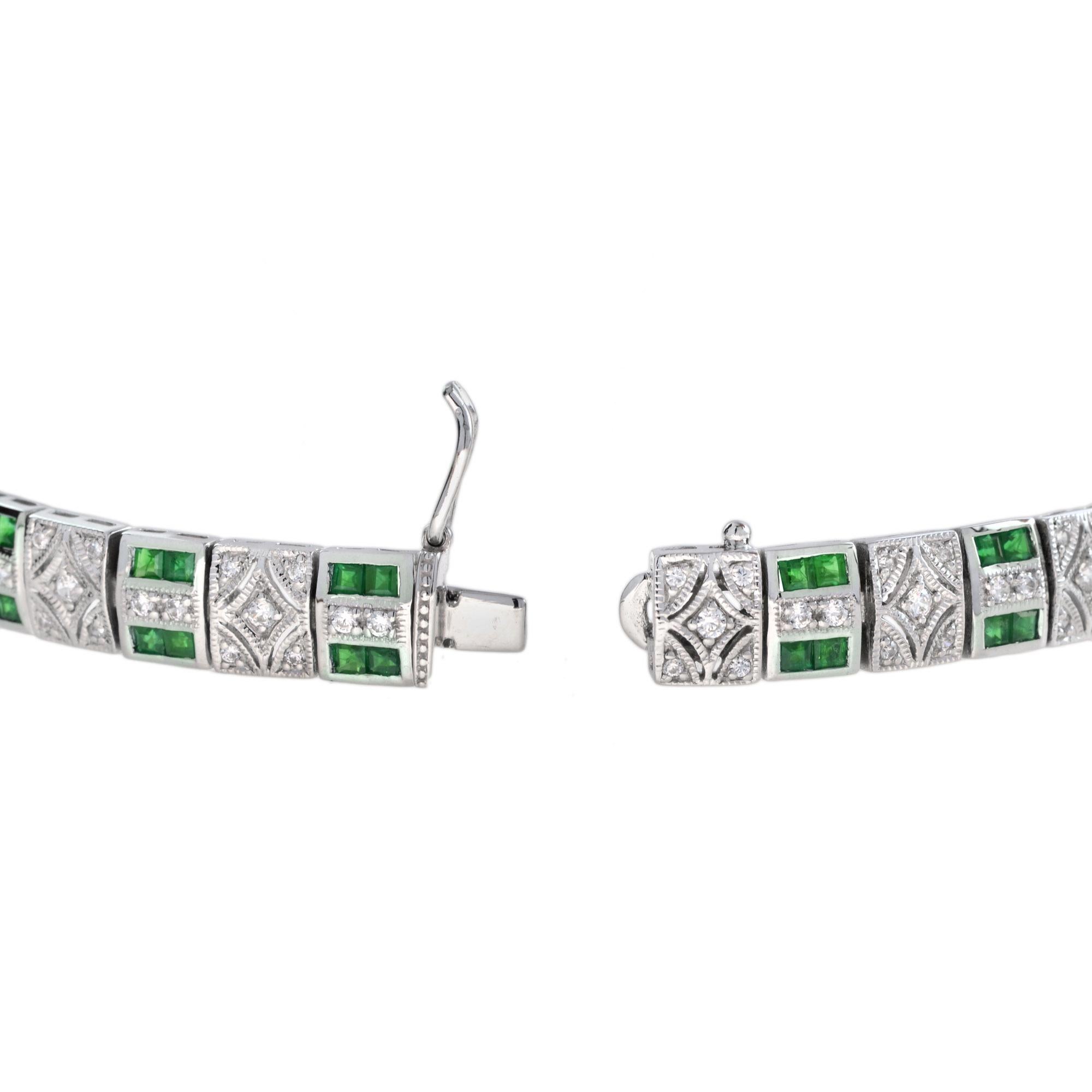 Women's French Cut Emerald and Diamond Art Deco Style Link Bracelet in 18K White Gold For Sale