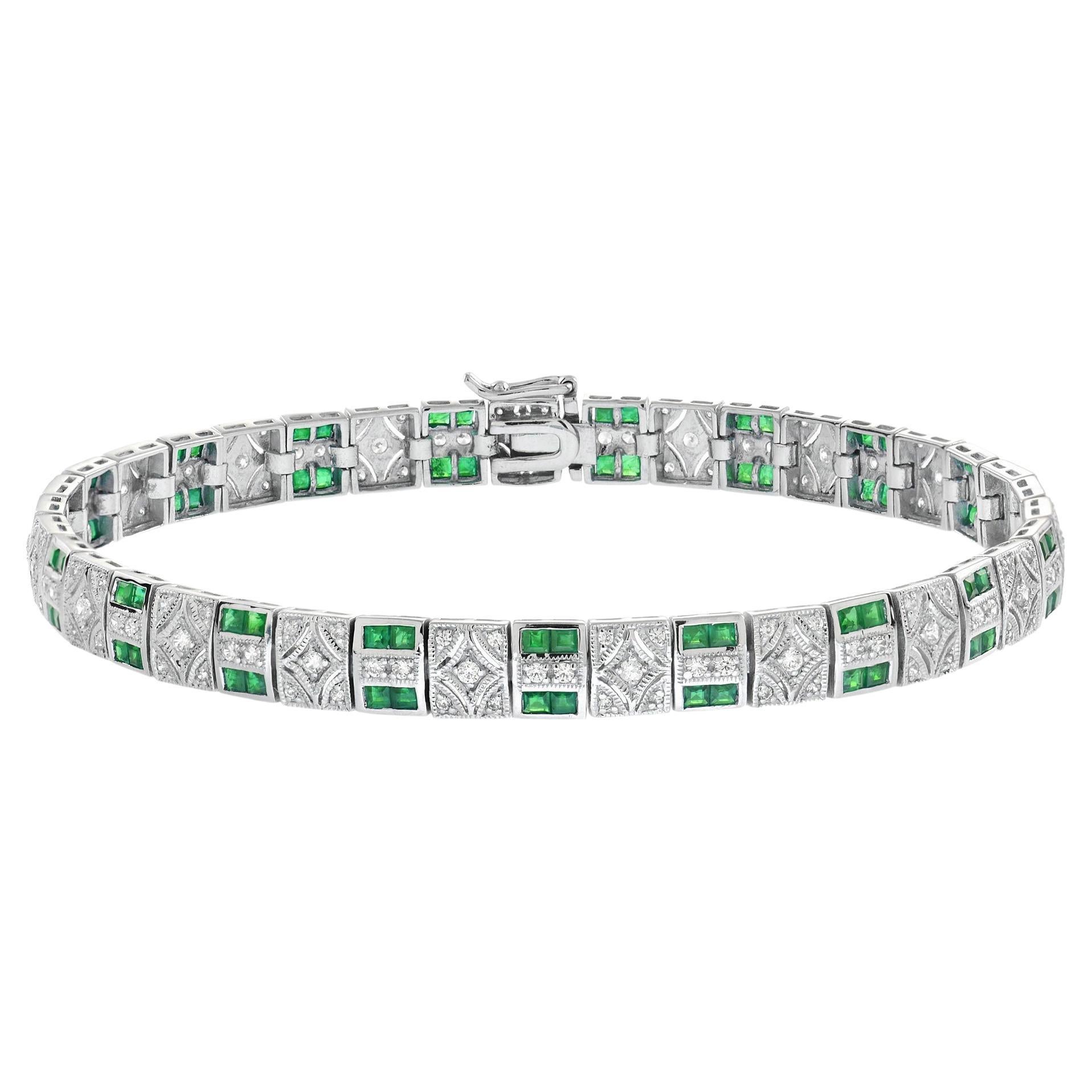 French Cut Emerald and Diamond Art Deco Style Link Bracelet in 18K White Gold