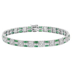 French Cut Emerald and Diamond Art Deco Style Link Bracelet in 18K White Gold