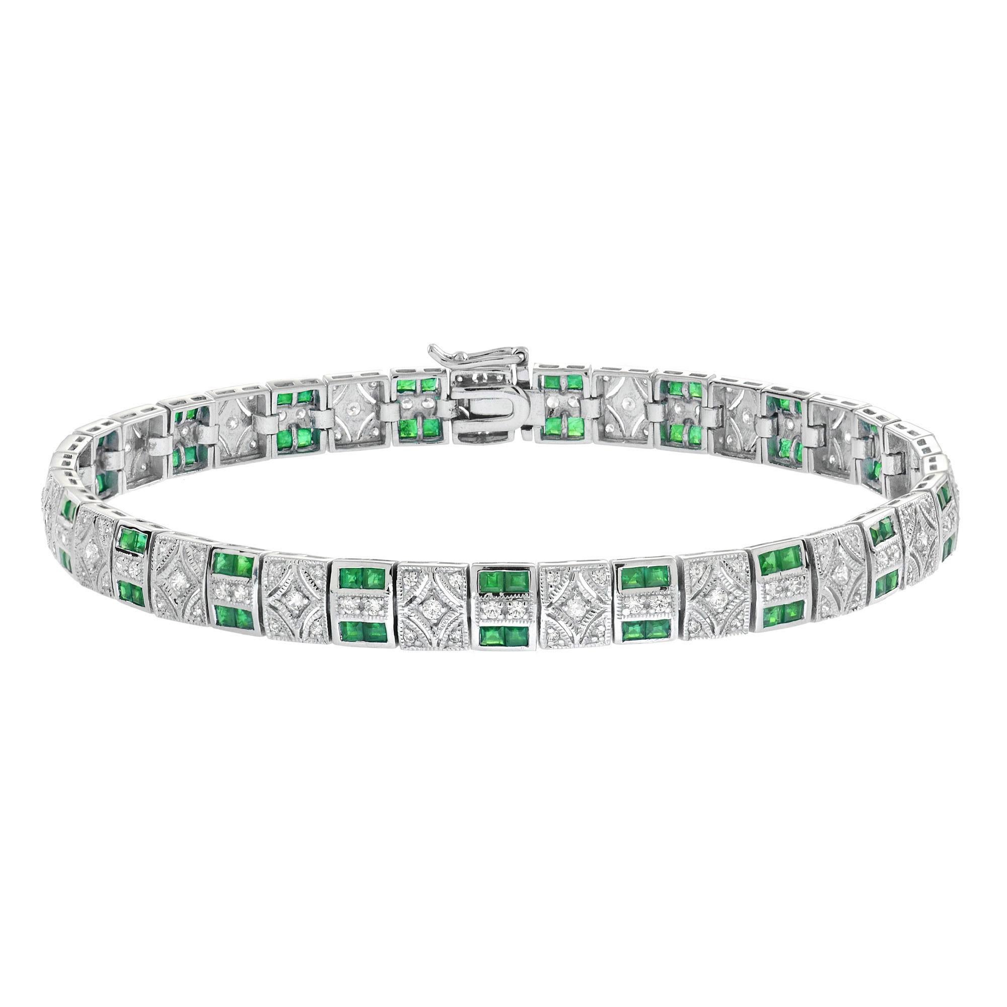 Art Deco Style Emerald and Diamond Earrings & Bracelet in White Gold For Sale 2