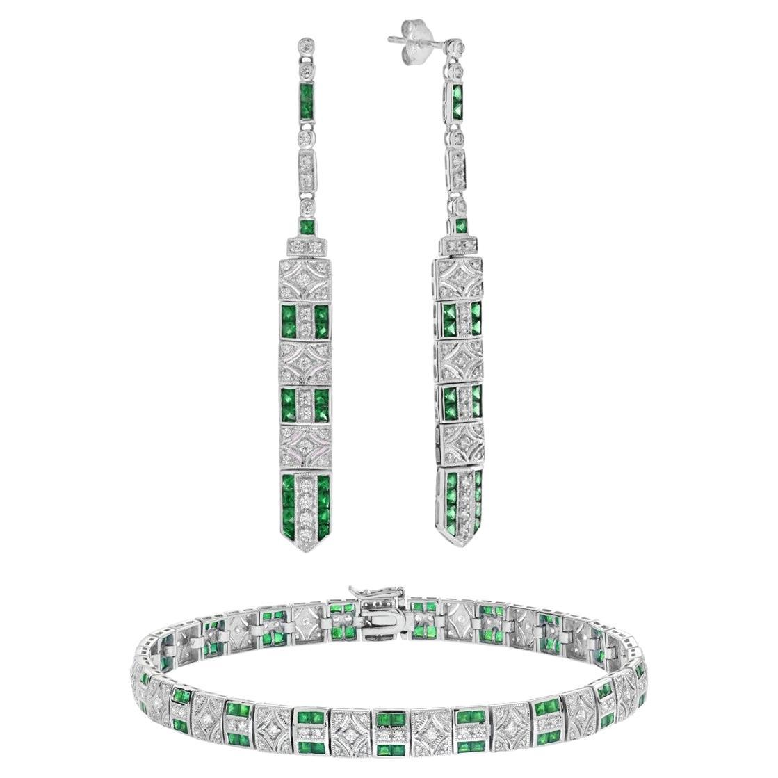 Art Deco Style Emerald and Diamond Earrings & Bracelet in White Gold