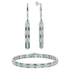 Art Deco Style Emerald and Diamond Earrings & Bracelet in White Gold