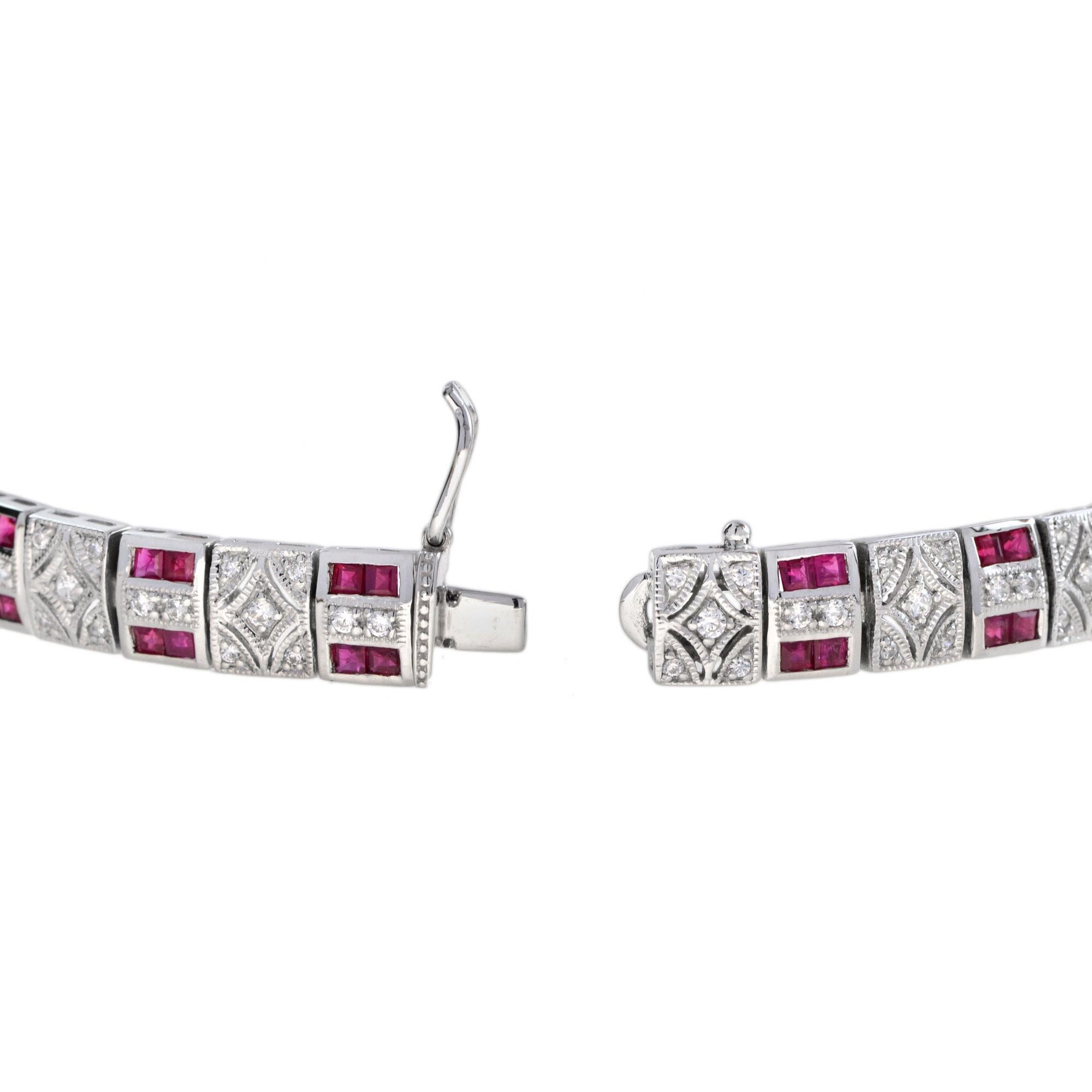 Women's French Cut Ruby and Diamond Art Deco Style Link Bracelet in 18K White Gold For Sale