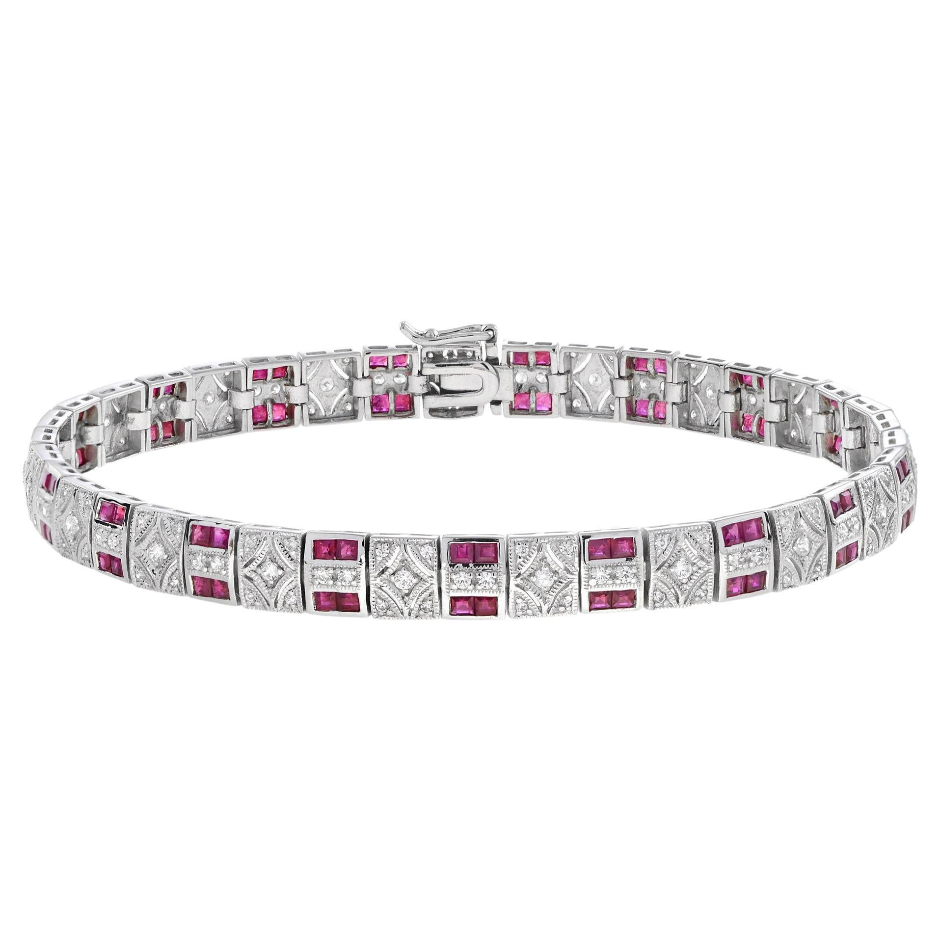 French Cut Ruby and Diamond Art Deco Style Link Bracelet in 18K White Gold
