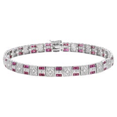 Bracelet à maillons de style Art déco en or blanc 18 carats avec rubis de taille française et diamants