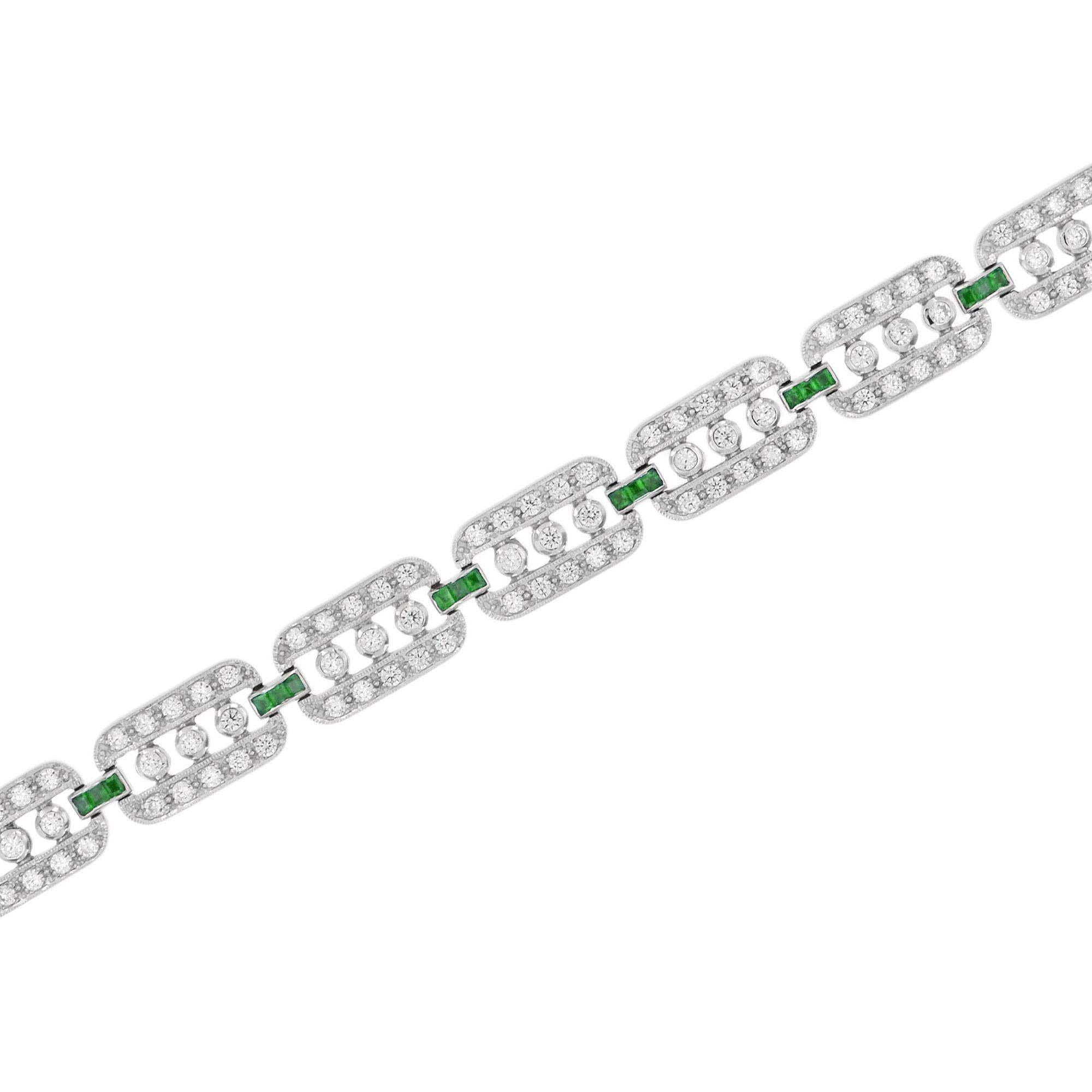 Handcrafted out of stunning diamonds and emeralds, this bracelet is perfect for evening or day wear. Each individual section features round diamonds and is separated from its neighbor with a French cut emeralds line. This wonderful piece is a