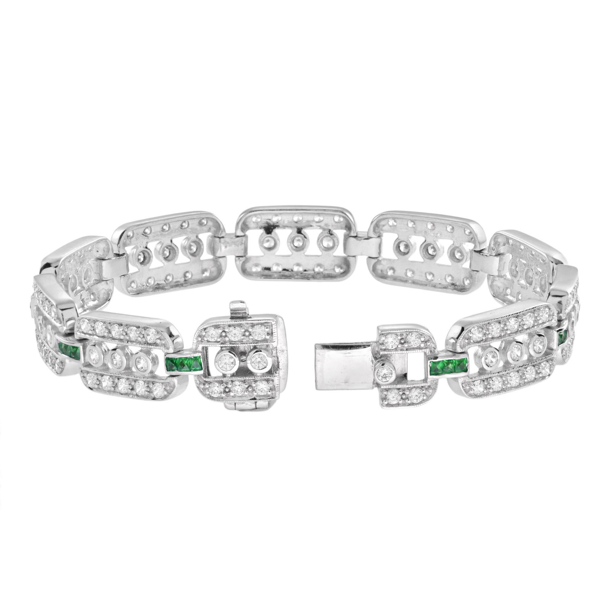 6 Ct. Diamond and Emerald Art Deco Style Link Bracelet in 14K White Gold In New Condition For Sale In Bangkok, TH