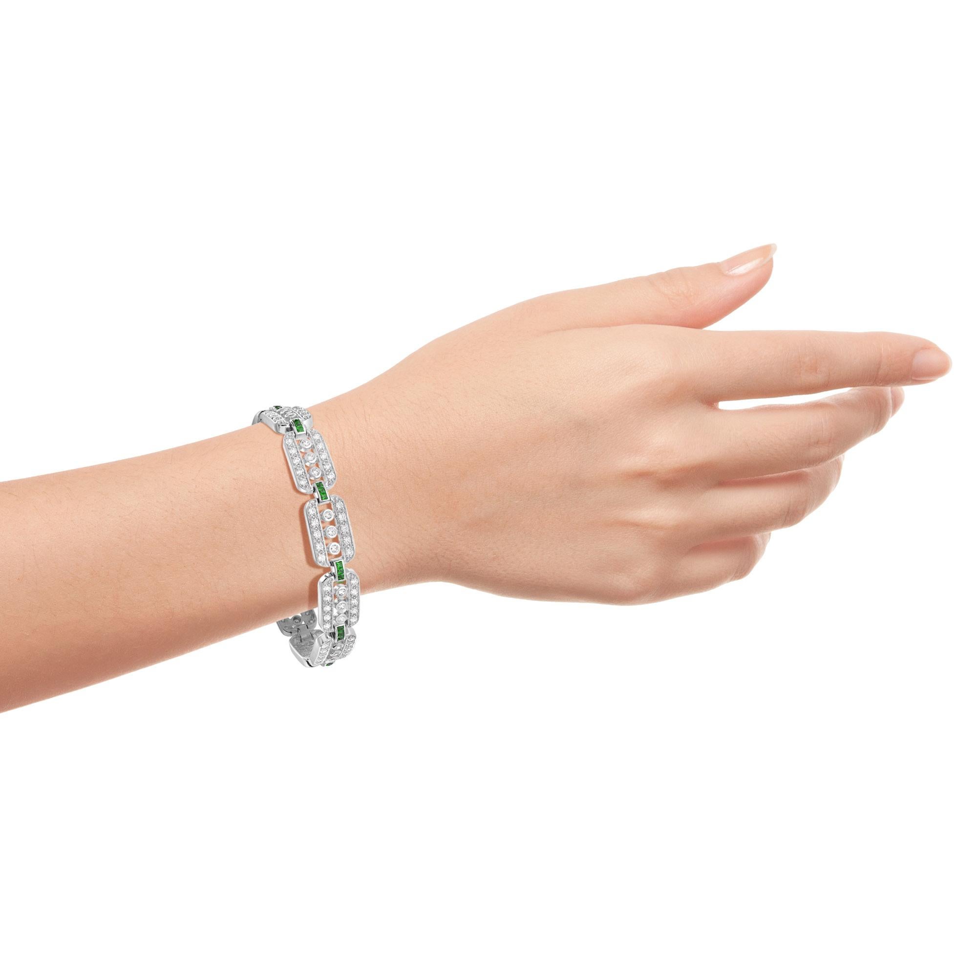 6 Ct. Diamond and Emerald Art Deco Style Link Bracelet in 14K White Gold For Sale 1