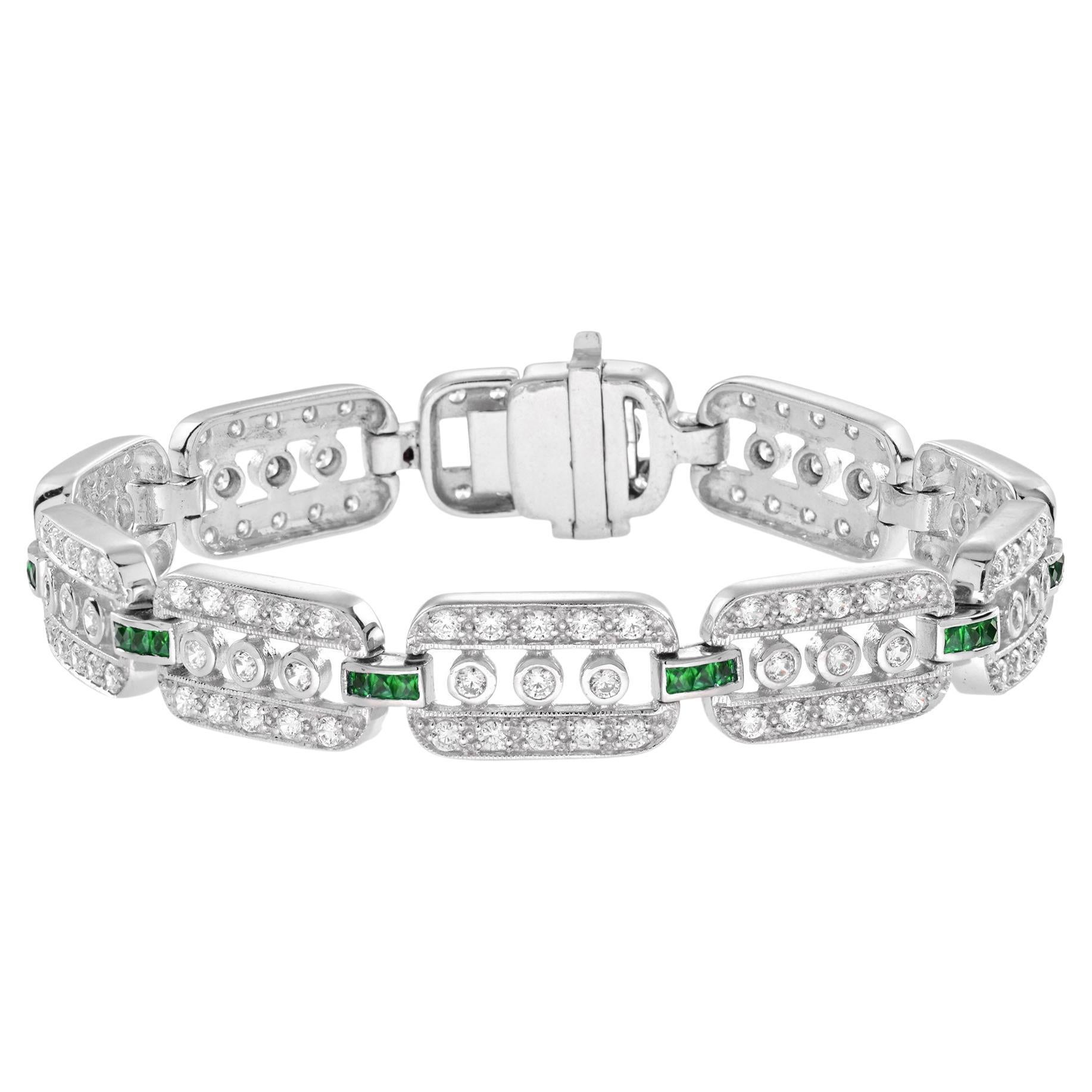 6 Ct. Diamond and Emerald Art Deco Style Link Bracelet in 14K White Gold For Sale