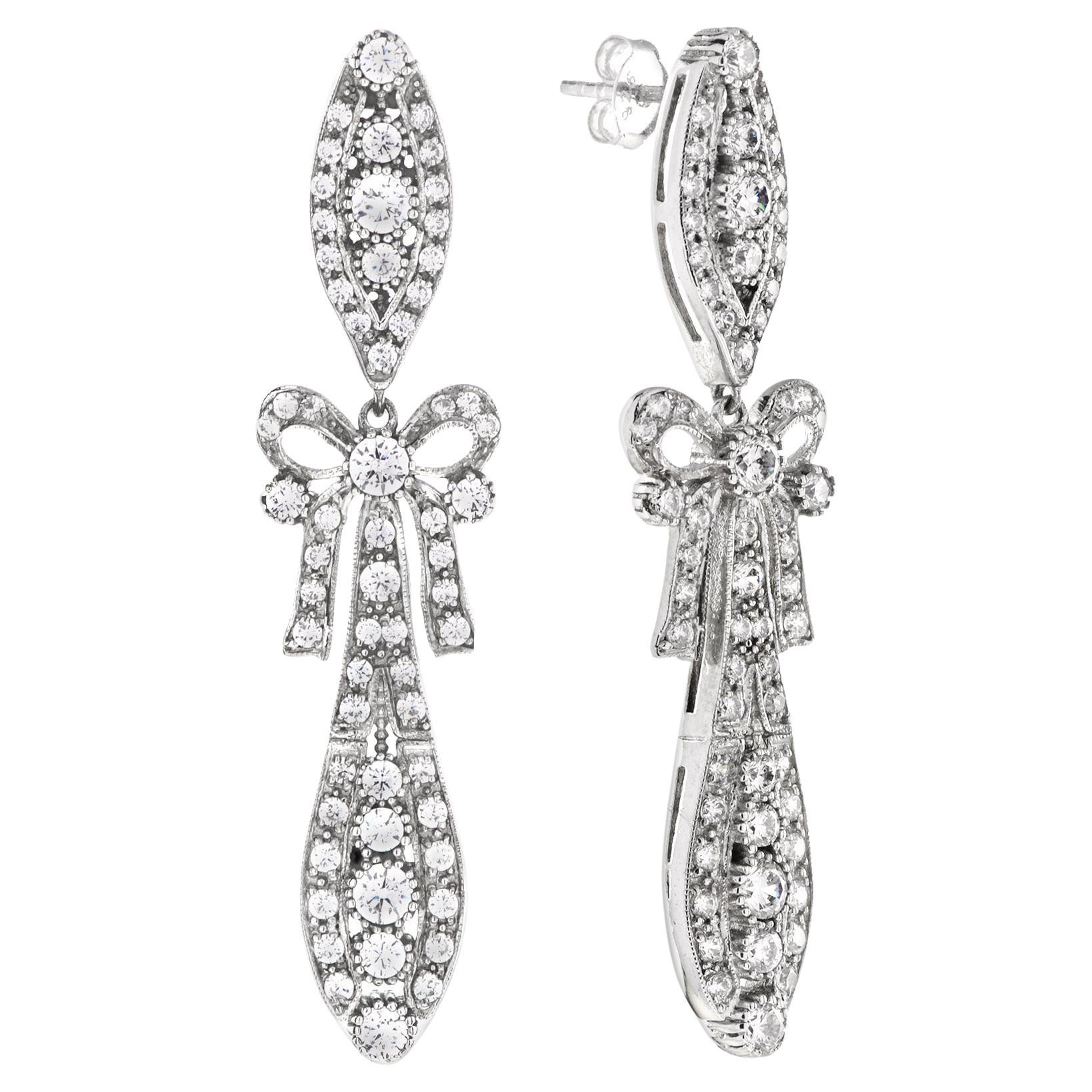 Art Deco Style Bow Diamond Dangle Earrings in 18K White Gold