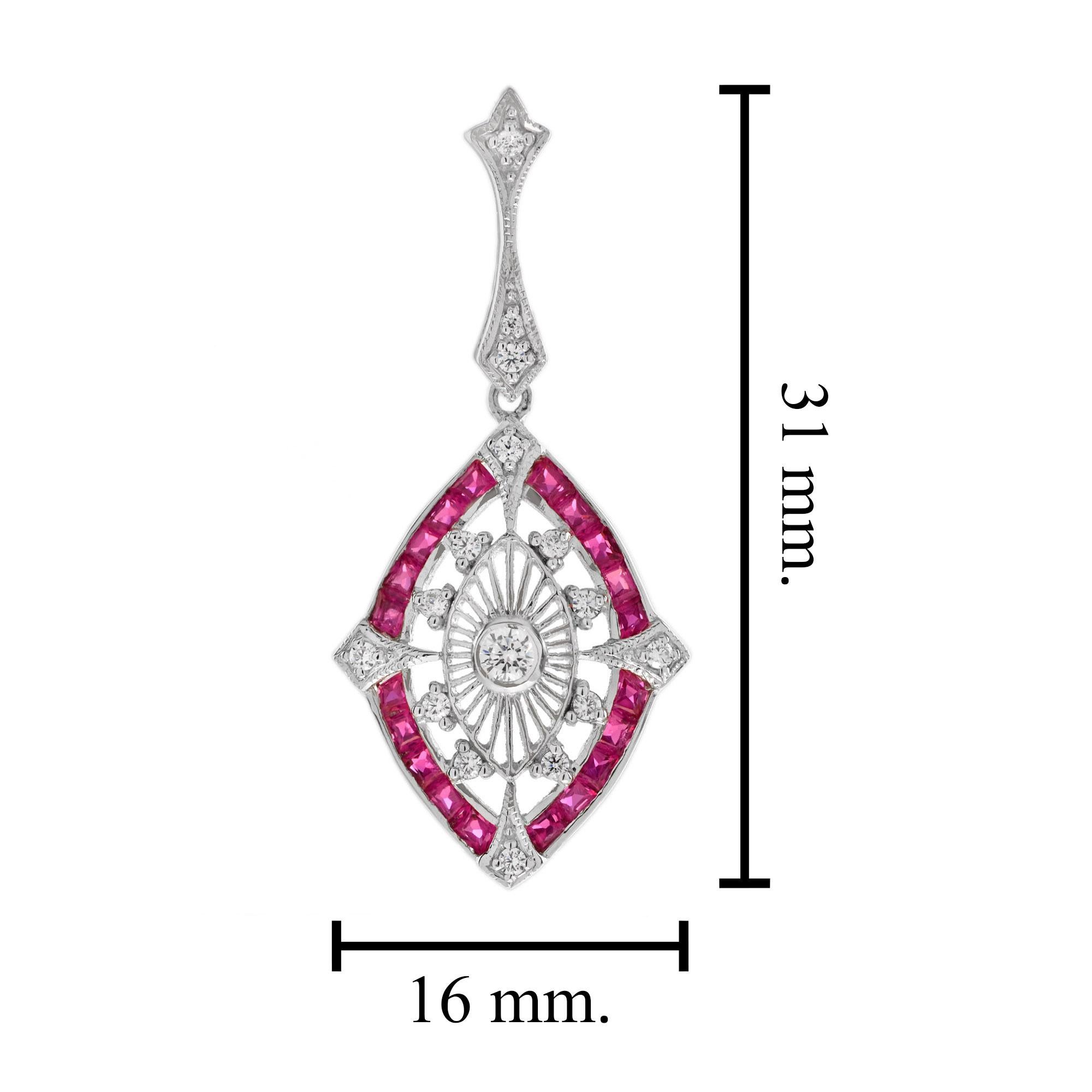 Taille ronde Boucles d'oreilles pendantes Art Déco en or 14K avec diamants et rubis en forme de marquise Majesté en vente