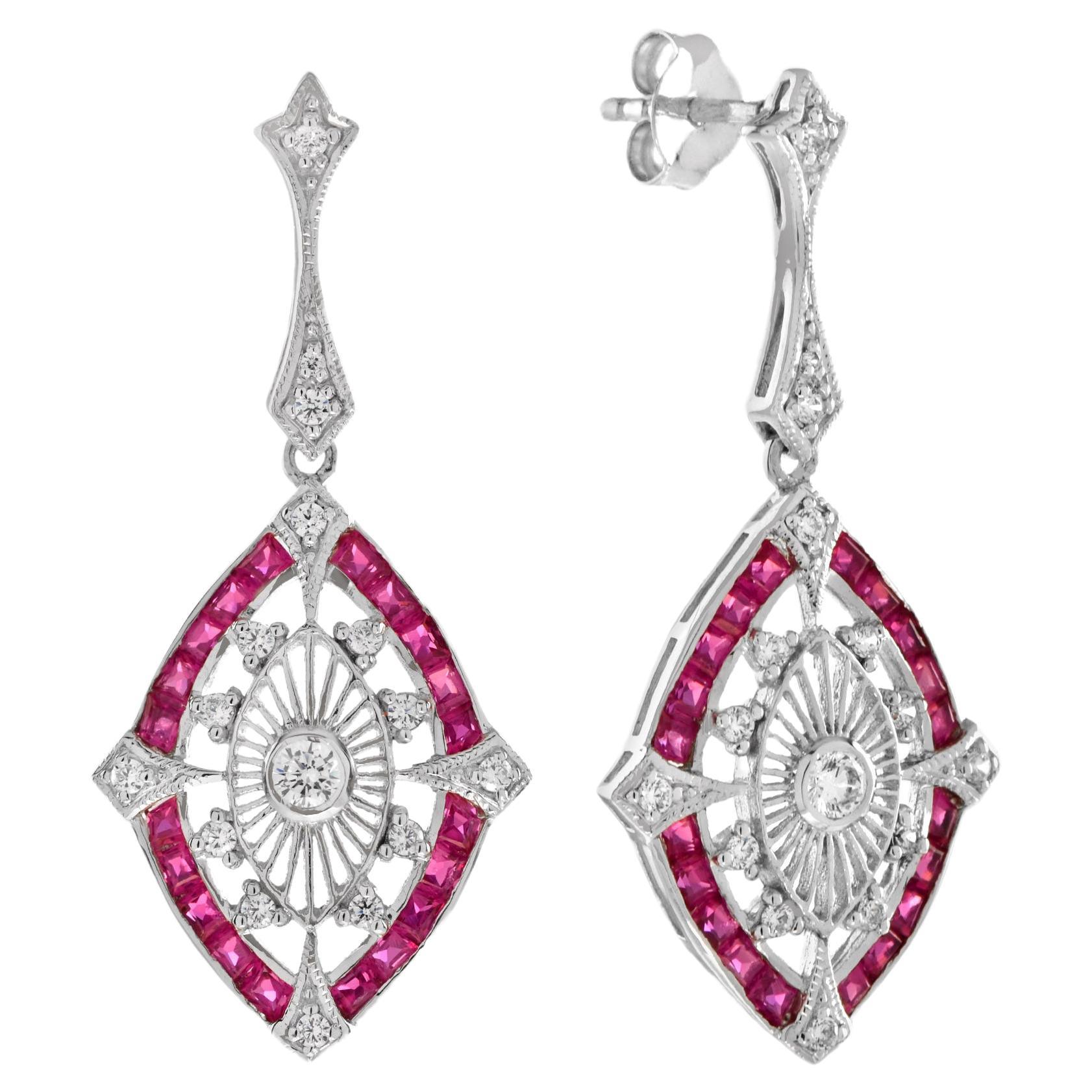 Boucles d'oreilles pendantes Art Déco en or 14K avec diamants et rubis en forme de marquise Majesté