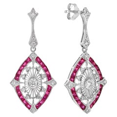 Boucles d'oreilles pendantes Art Déco en or 14K avec diamants et rubis en forme de marquise Majesté