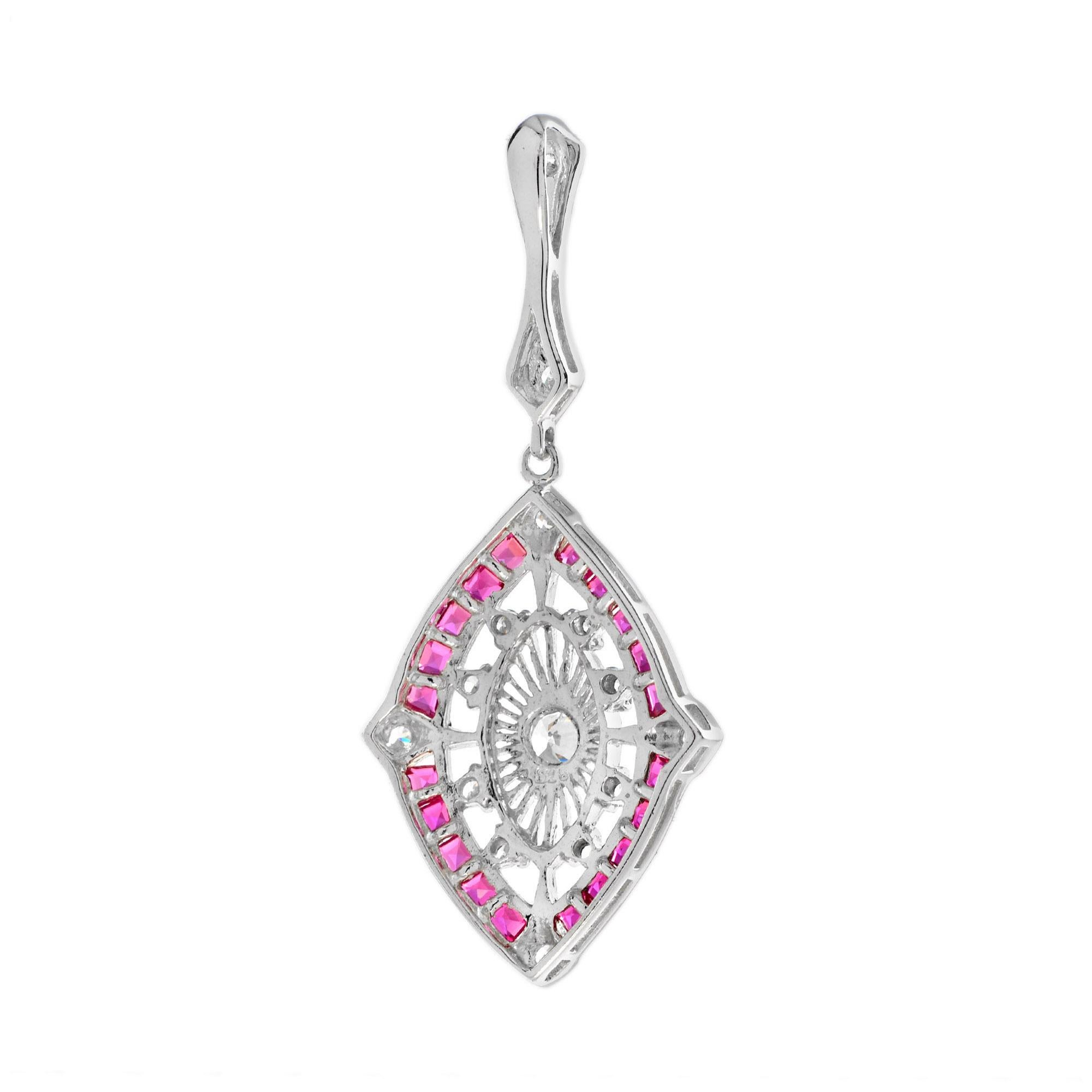 Majesté Art Deco Style Diamant und Rubin Marquise Form Anhänger in 14K Weißgold (Rundschliff)