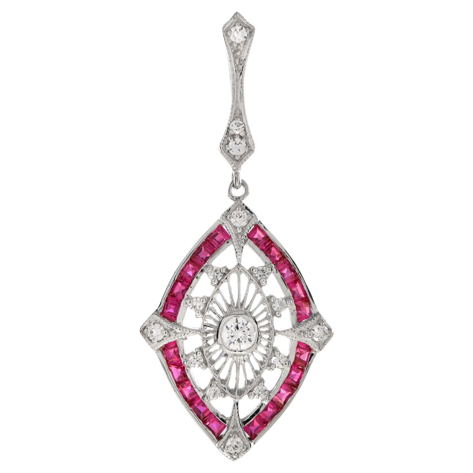 Majesté Art Deco Style Diamond and Ruby Marquise Shape Pendant in 14K White Gold