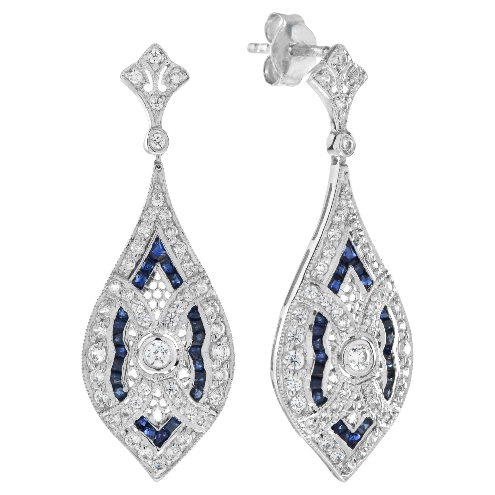 Majesté Art Deco Style Diamond and Sapphire Marquise Shaped Drop Earrings  For Sale