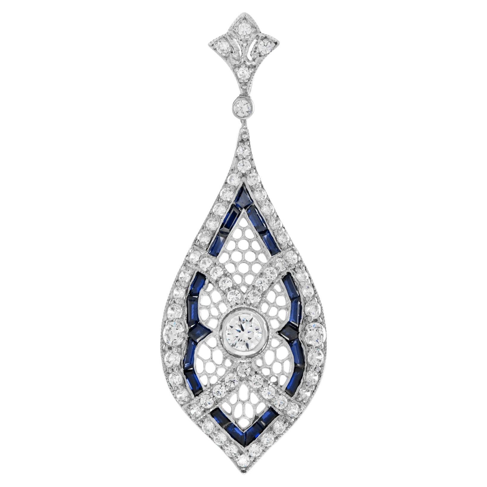 Art Deco Style Diamond and Sapphire Marquise Shaped Pendant in 14K 