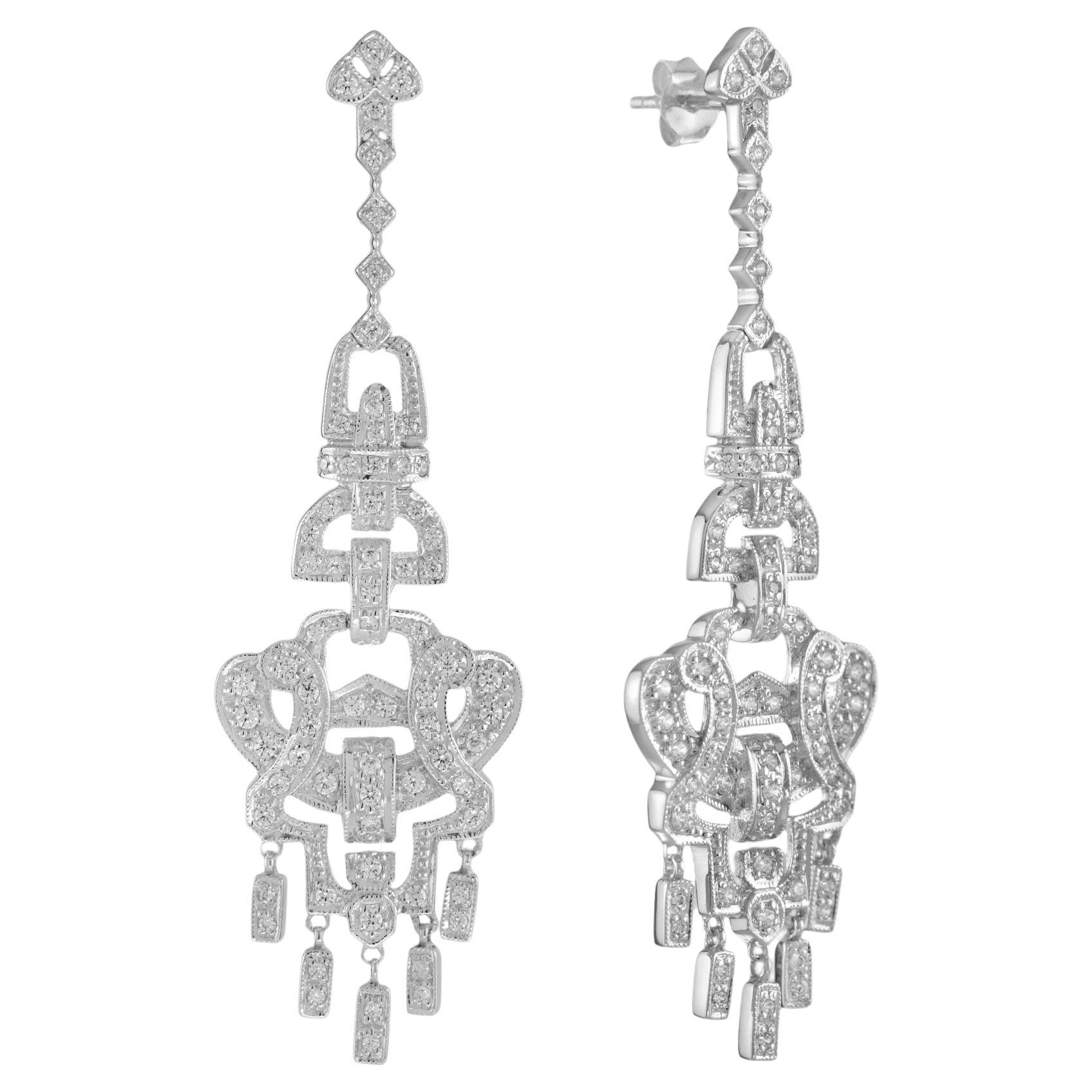 Art Deco Style Diamond Chandelier Earrings in 14K White Gold For Sale