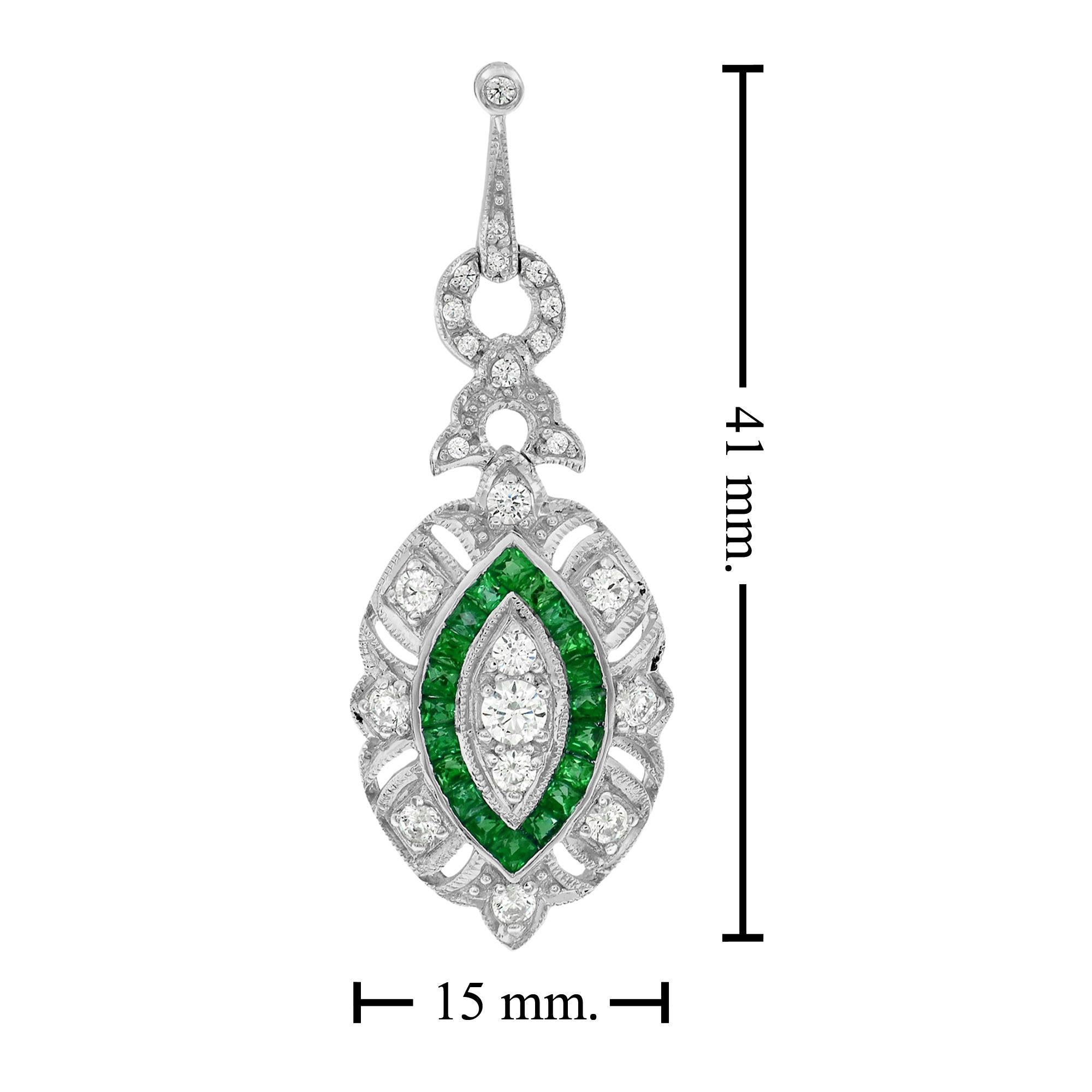 Round Cut Art Deco Style Diamond with Emerald Accent Earrings in 18K White Gold For Sale