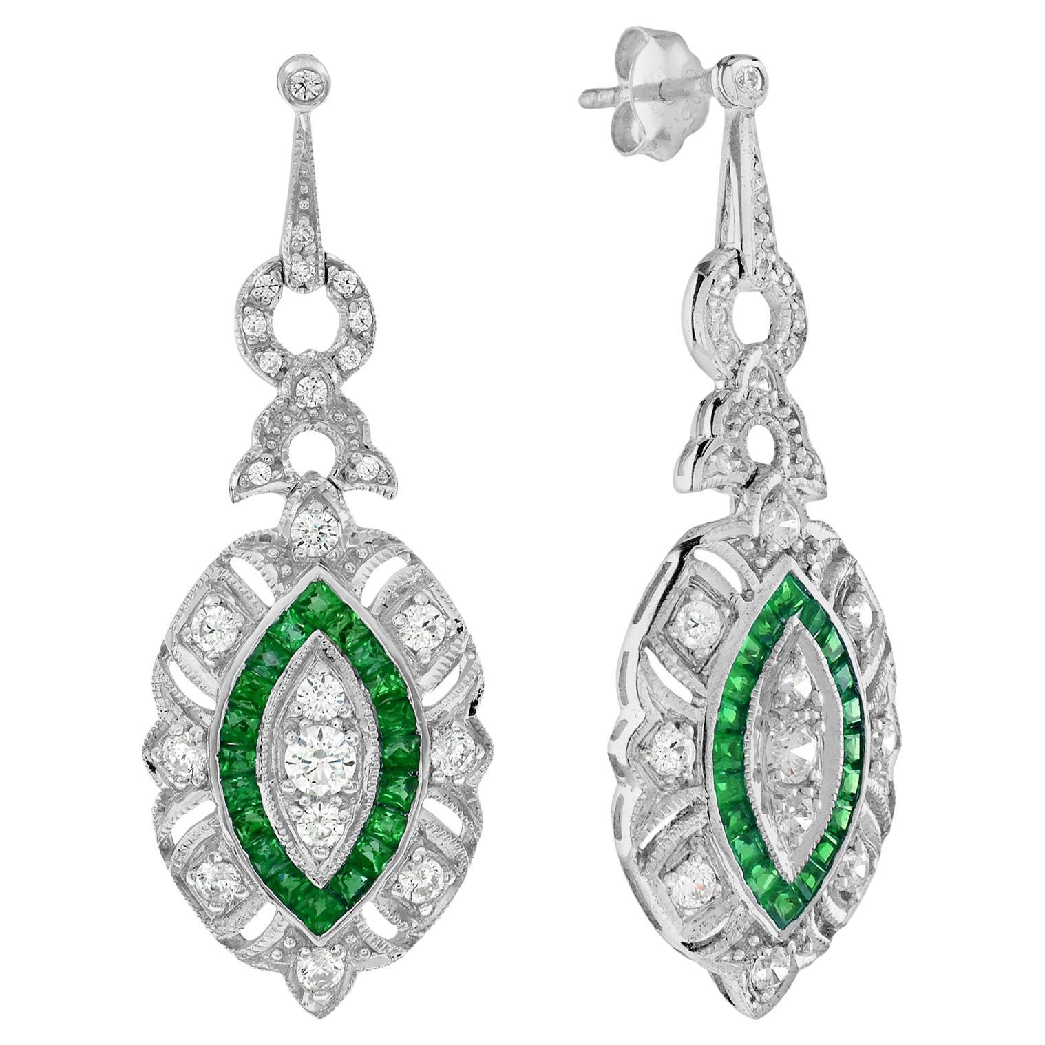 Art Deco Style Diamond with Emerald Accent Earrings in 18K White Gold For Sale