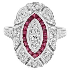 Majestueuse bague cocktail de style Art déco en or blanc 18 carats avec diamants et rubis