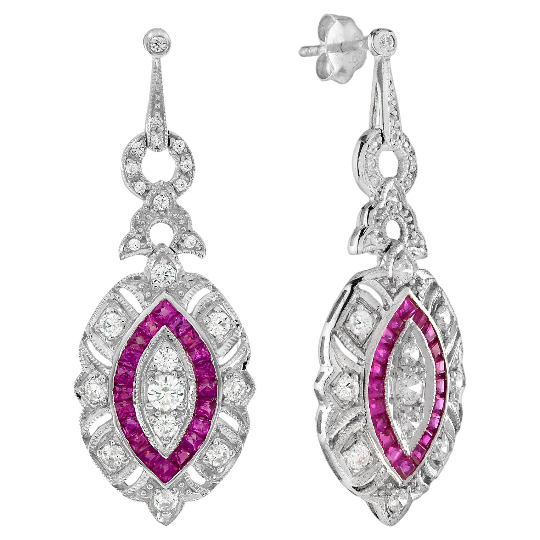 Art Deco Style Diamond with Ruby Dangle Earrings in 18K White Gold For Sale