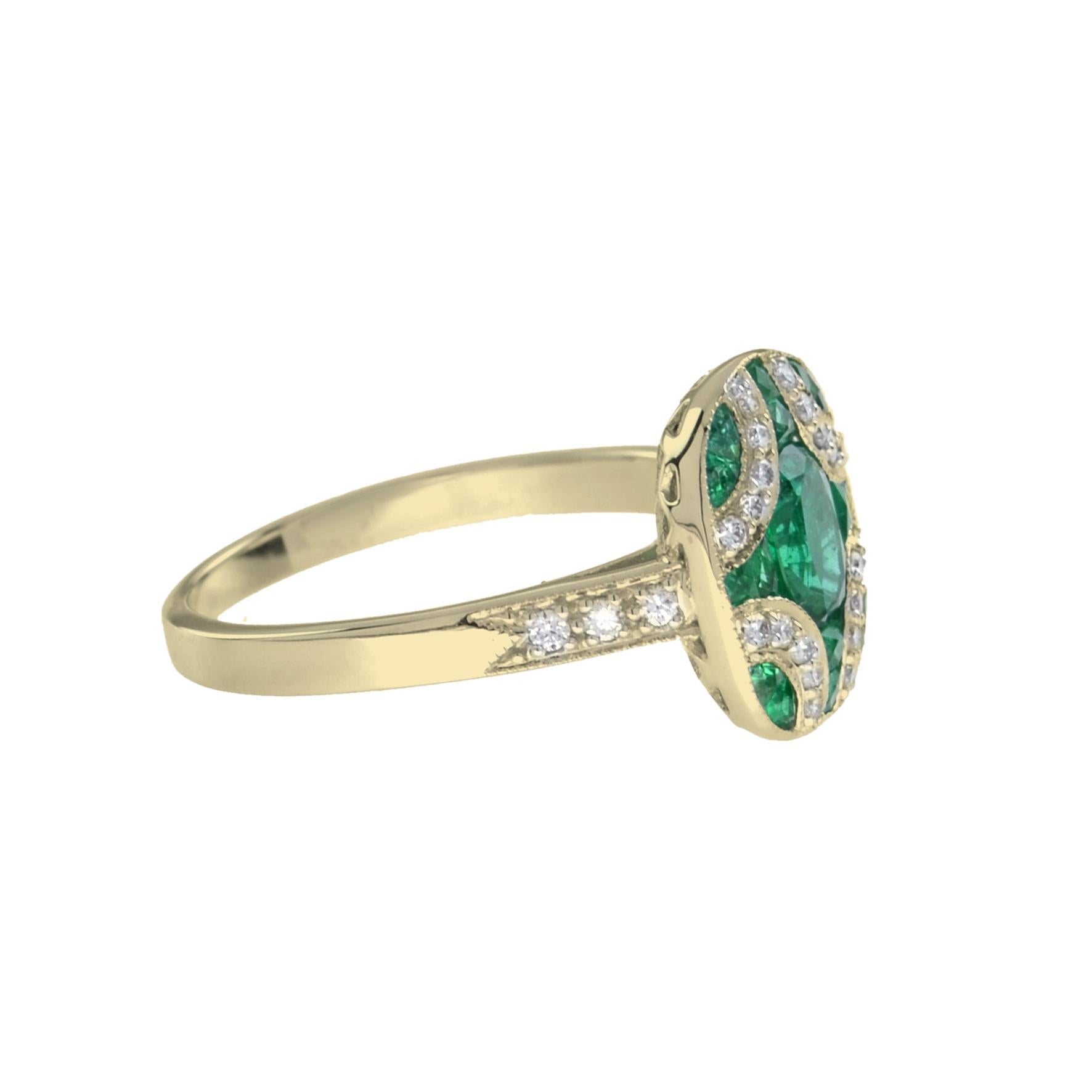 For Sale:  Art Deco Style Oval Emerald with Diamond Ring in 18K Yellow Gold 4