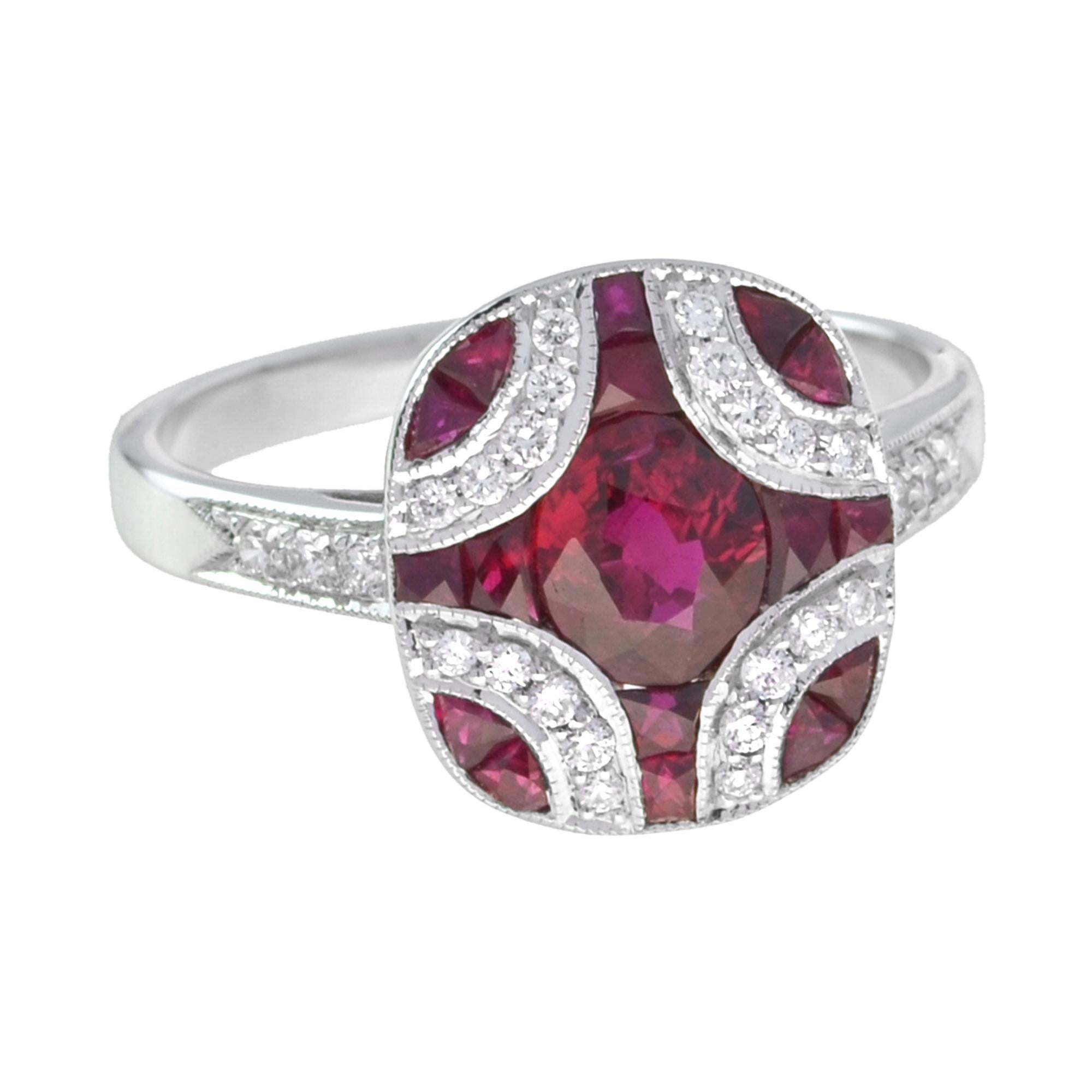 For Sale:  Art Deco Style Oval Ruby with Diamond Cluster Ring in 18K White Gold 6