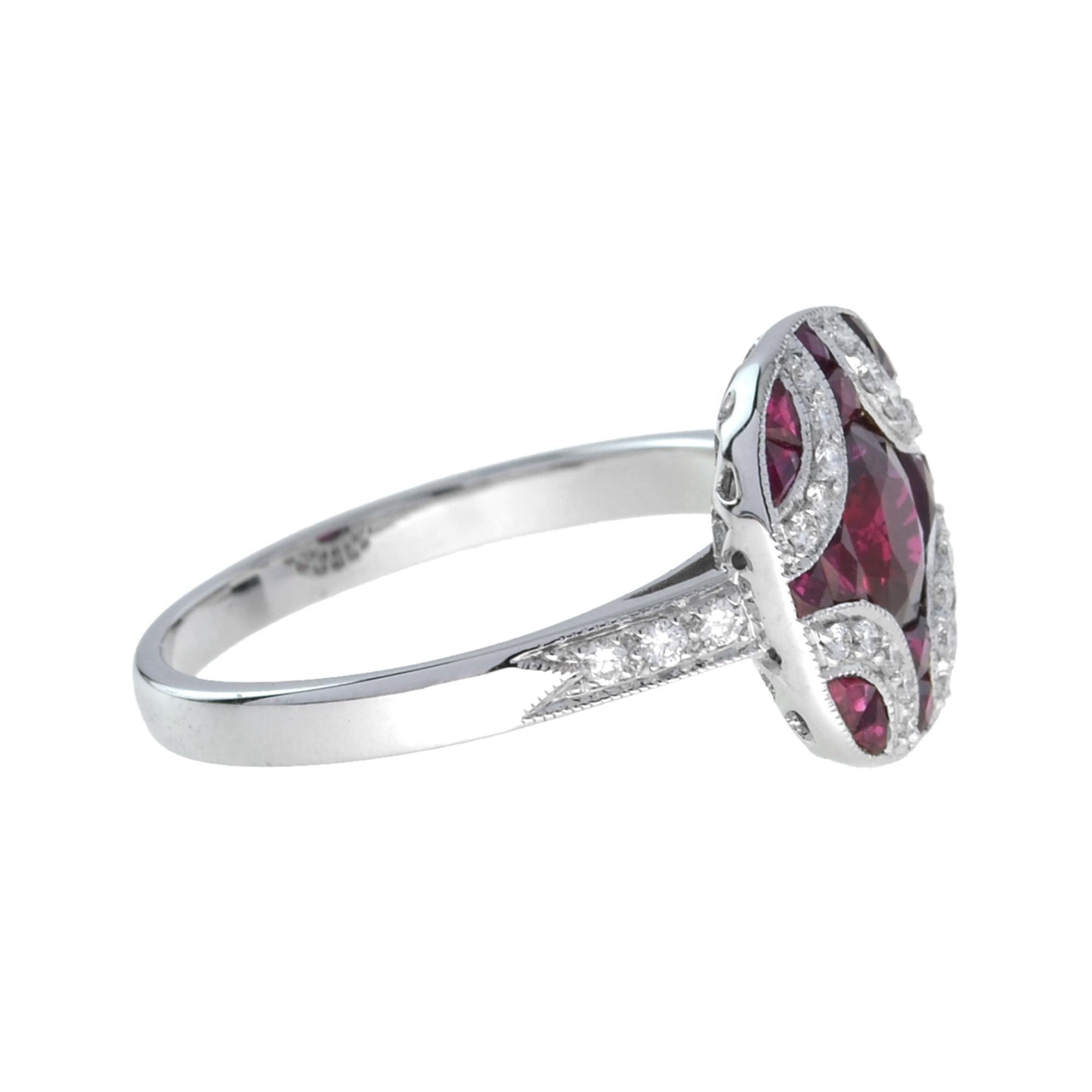 For Sale:  Art Deco Style Oval Ruby with Diamond Cluster Ring in 18K White Gold 7