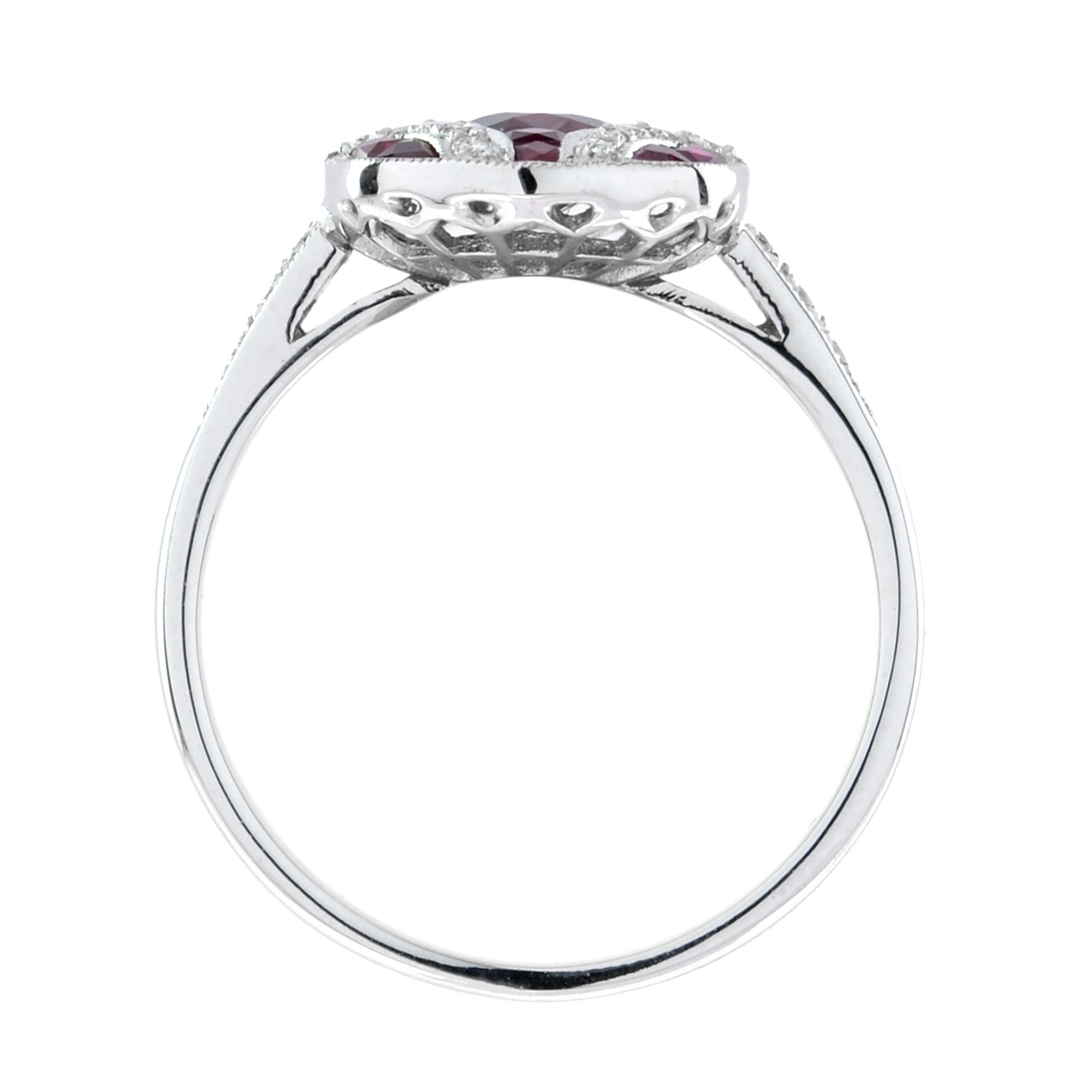 For Sale:  Art Deco Style Oval Ruby with Diamond Cluster Ring in 18K White Gold 9