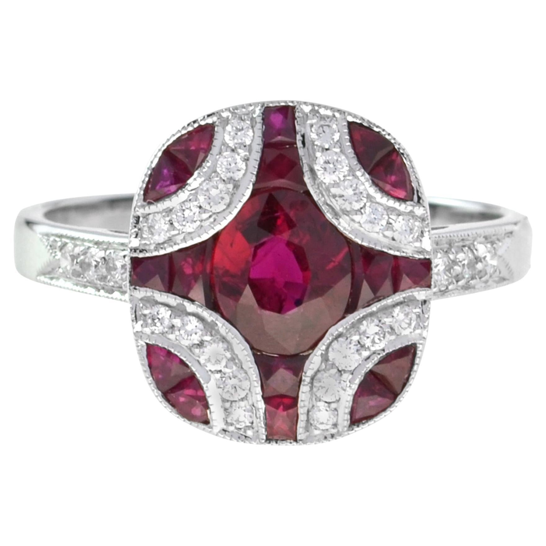 Art Deco Style Oval Ruby with Diamond Cluster Ring in 18K White Gold