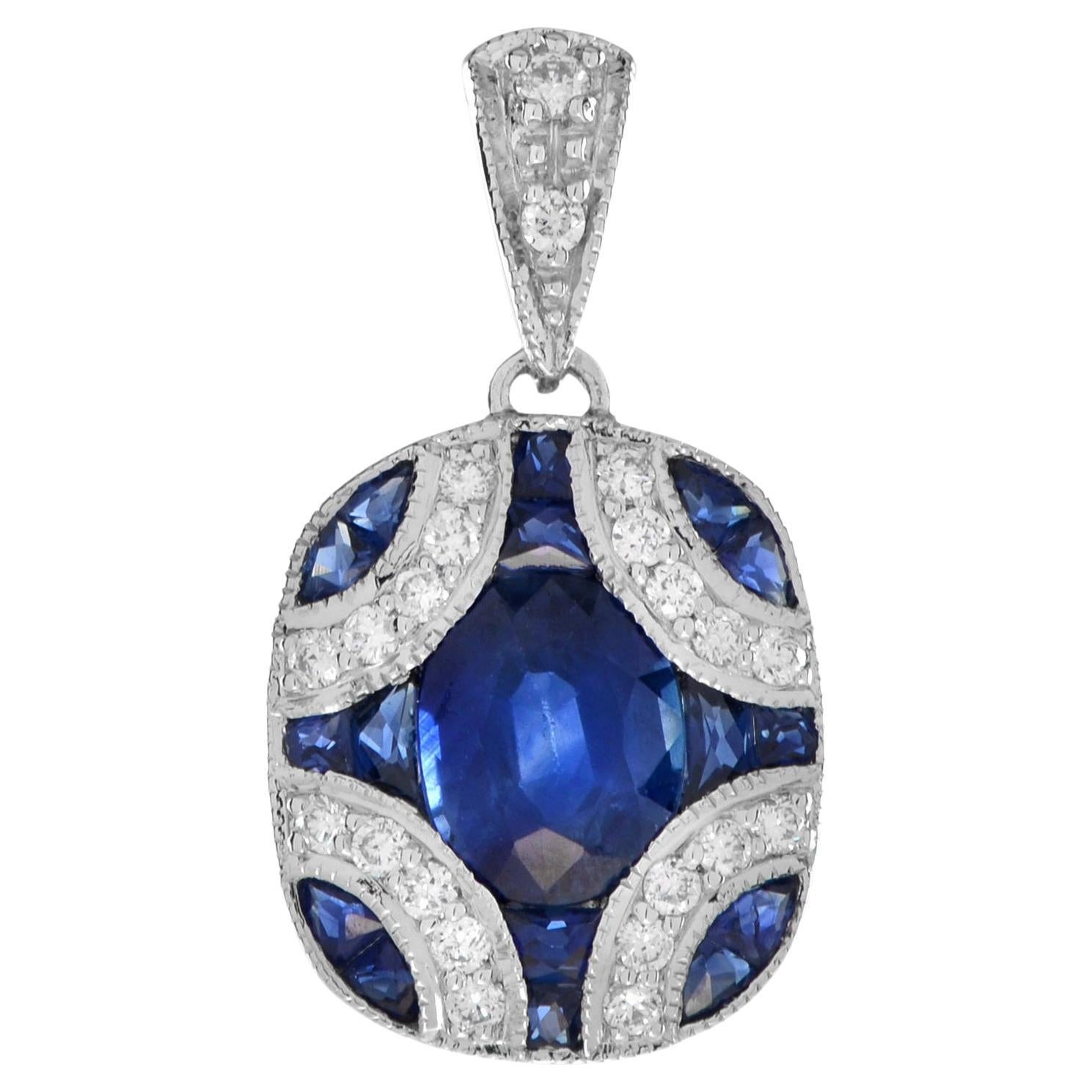 Art Deco Style Oval Sapphire with Diamond Pendant in 18K White Gold For Sale