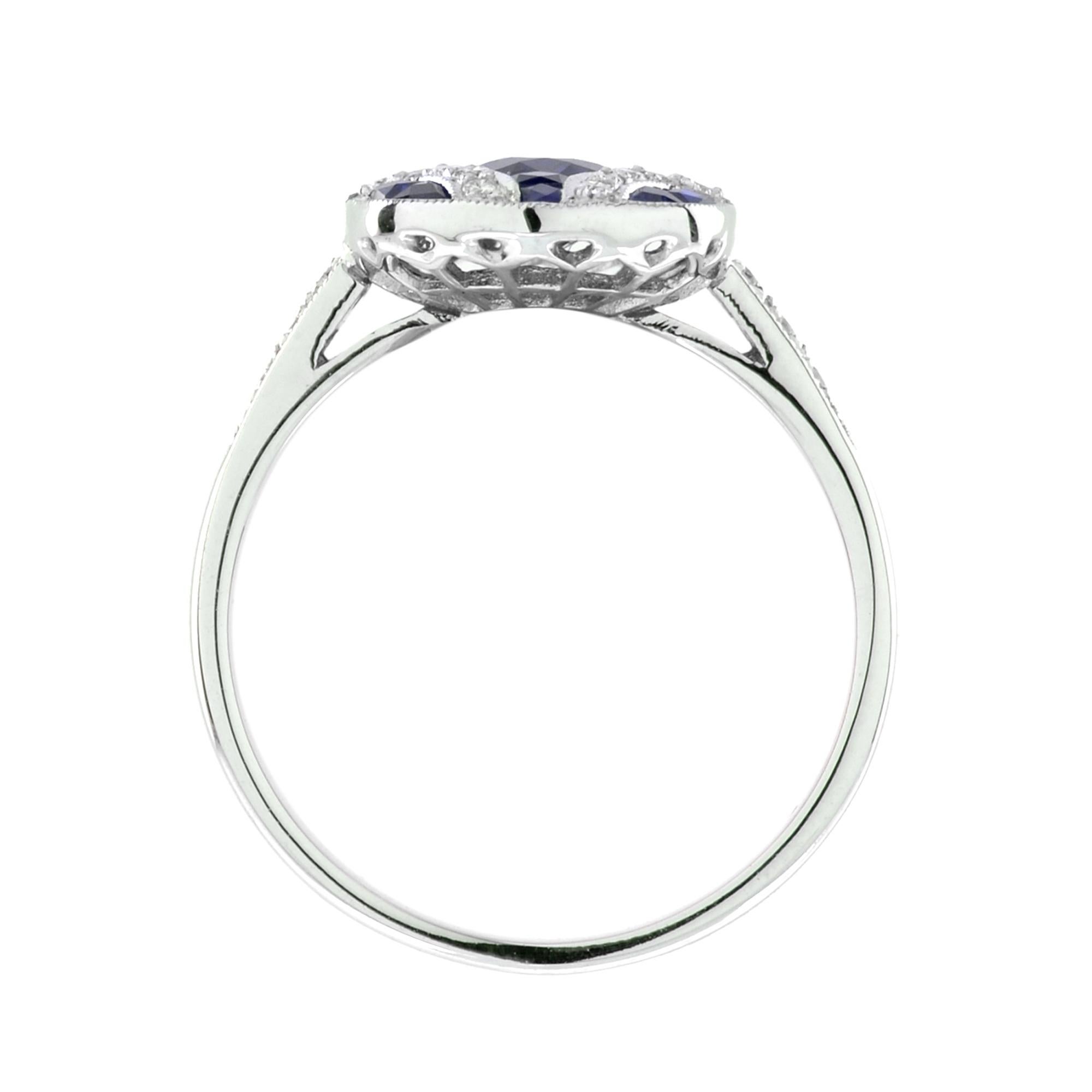 For Sale:  Art Deco Style Oval Sapphire with Diamond Ring in 18K White Gold 6