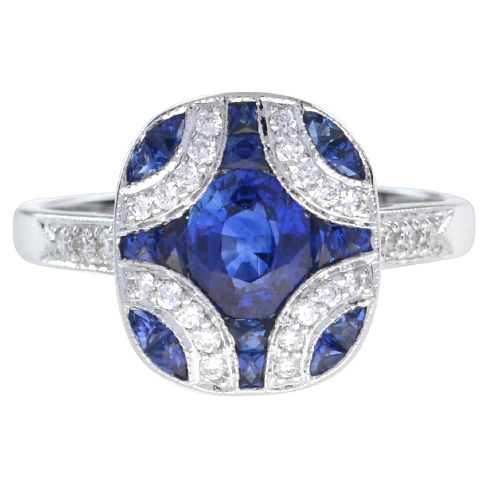 For Sale:  Art Deco Style Oval Sapphire with Diamond Ring in 18K White Gold