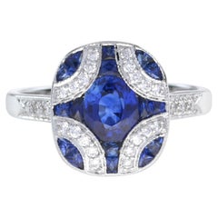 Art Deco Style Oval Sapphire with Diamond Ring in 18K White Gold