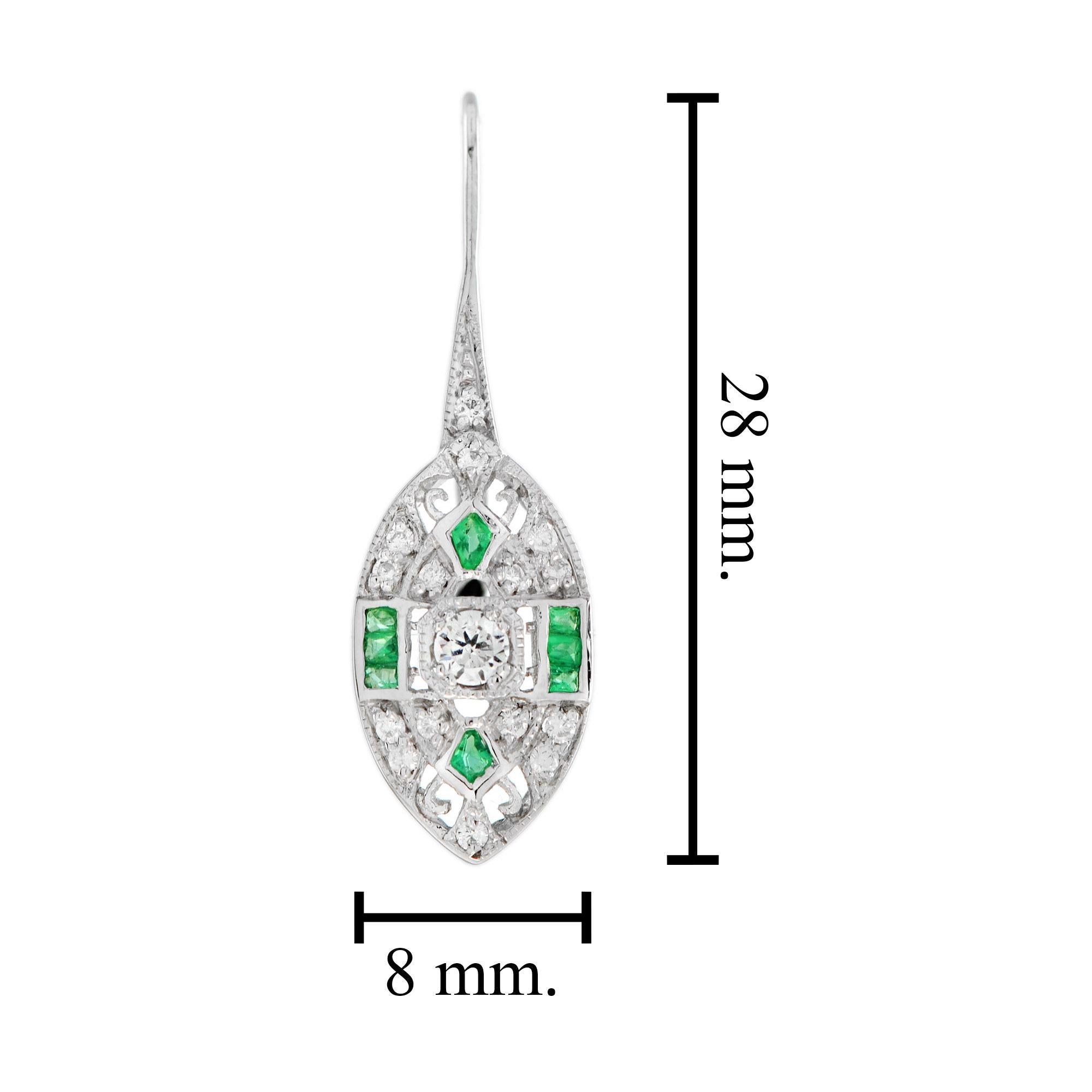 Art Deco Style Round Diamond with Emerald Earrings in 14K White Gold For Sale 1