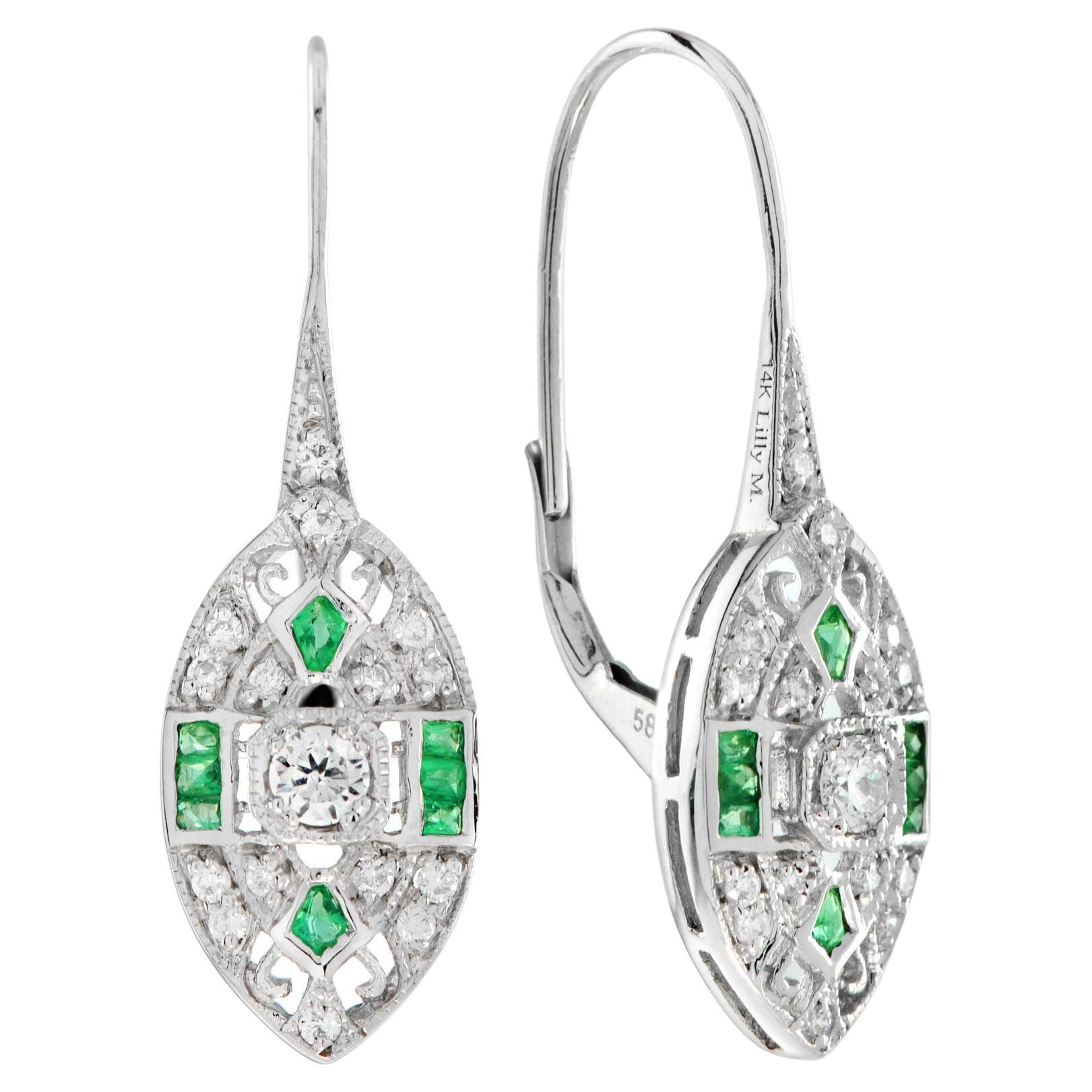 Majesté Art Deco Style Round Diamond with Emerald Earrings in 14K White Gold