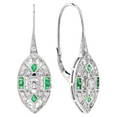 Art Deco Style Round Diamond with Emerald Earrings in 14K White Gold