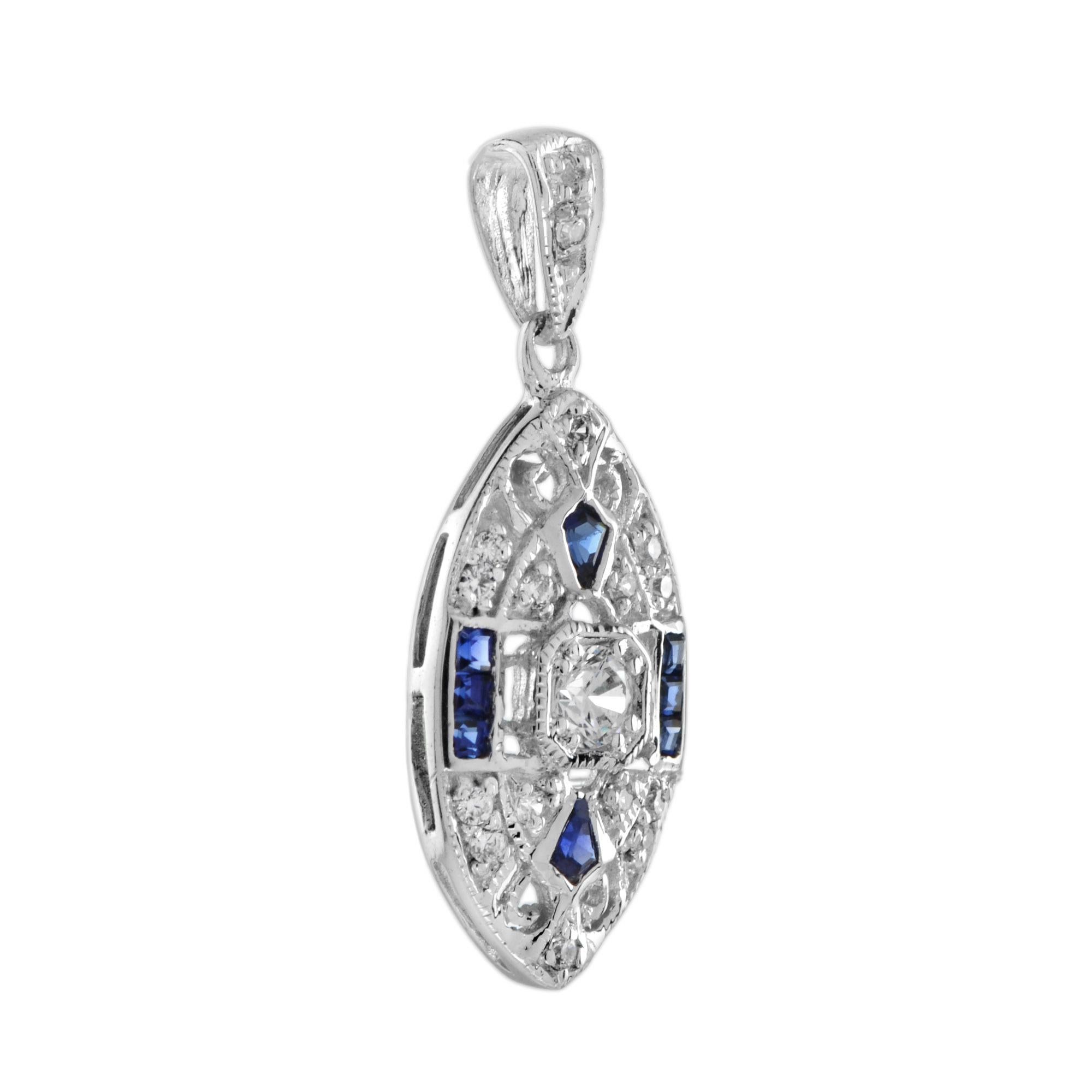An Art Deco style sapphire and diamond pendant, set with French cut sapphires and round cut diamonds. Mounted in 18k white gold.

Information
Metal: 18K White Gold
Width: 9 mm.
Length: 25 mm.
Weight: 1.90 g. (approx. total weight)

Center