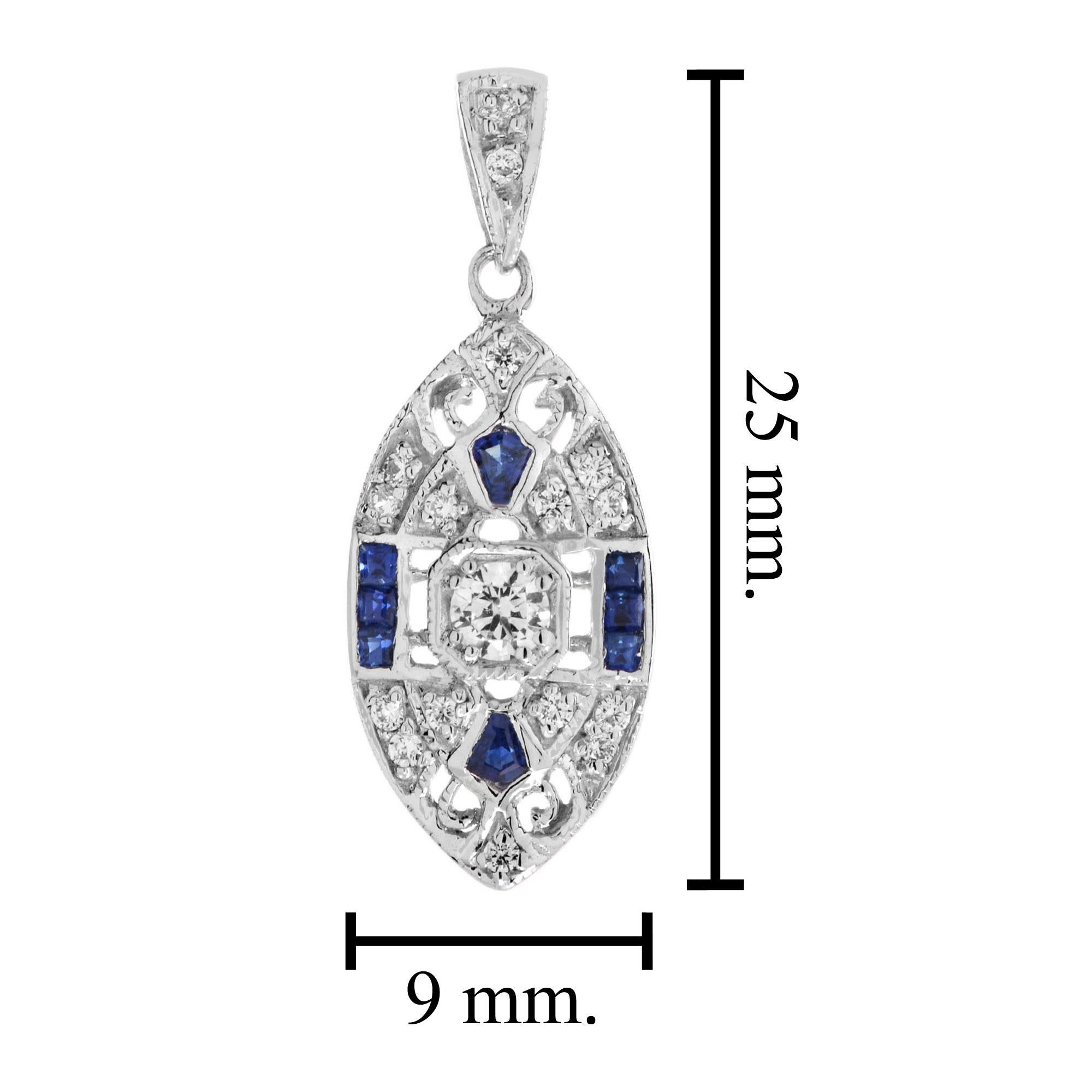 Round Cut Art Deco Style Round Diamond with Sapphire Pendant in 18K White Gold For Sale