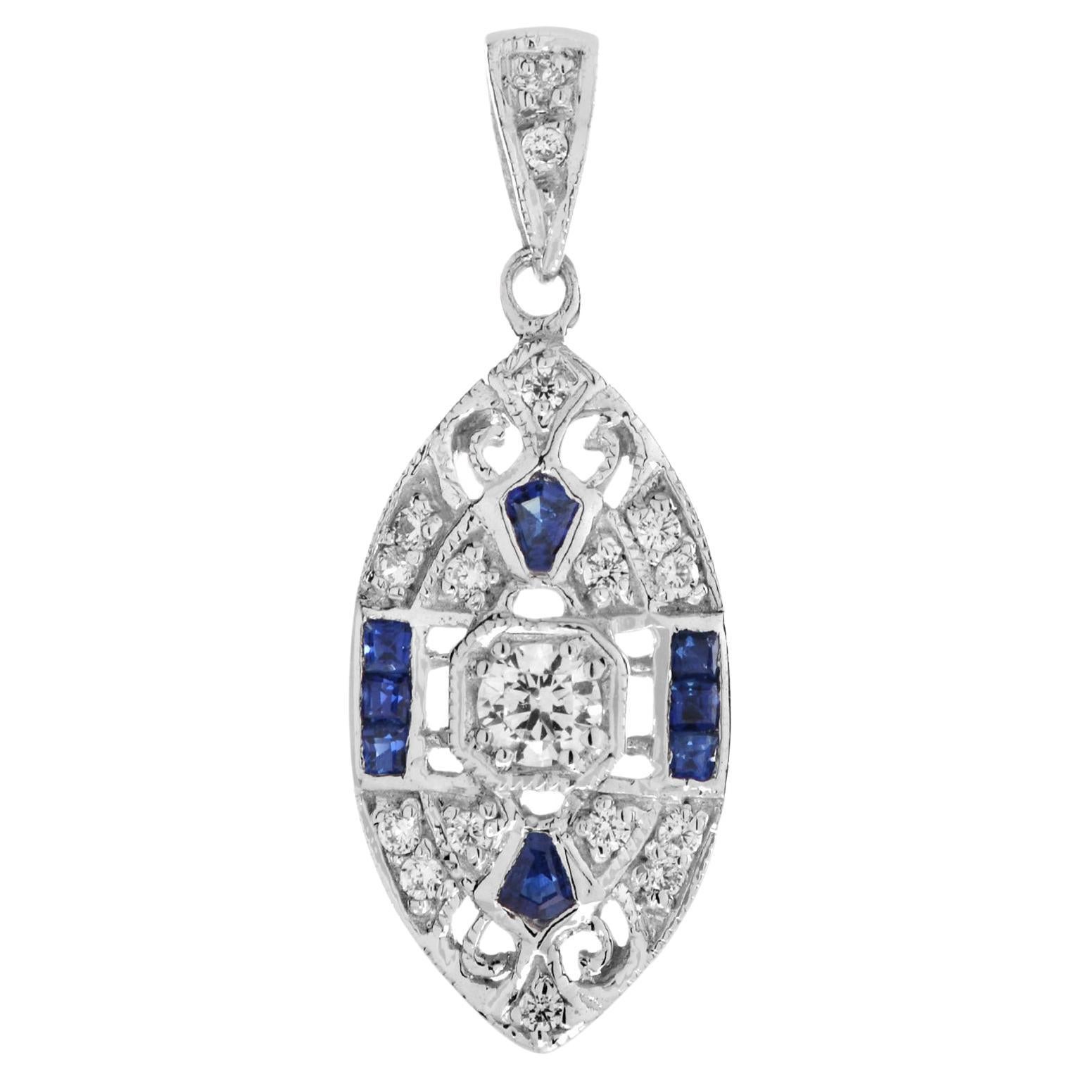 Art Deco Style Round Diamond with Sapphire Pendant in 18K White Gold For Sale